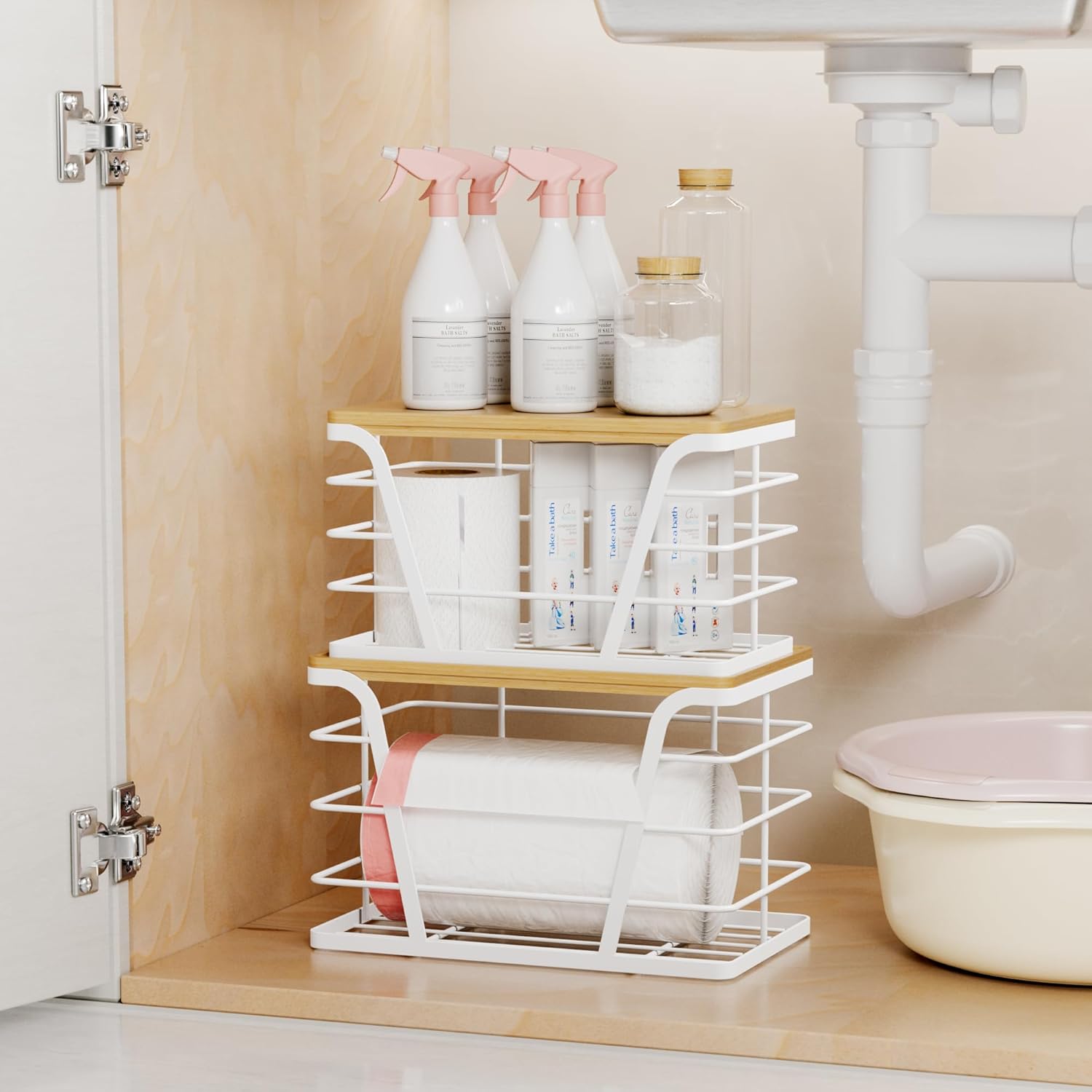 2 Pack Stackable Laundry Room Organization and Storage, Laundry Room Decor and Accessories, Trash Bag Holder with Bamboo Top and Garbage Bag Dispenser, White