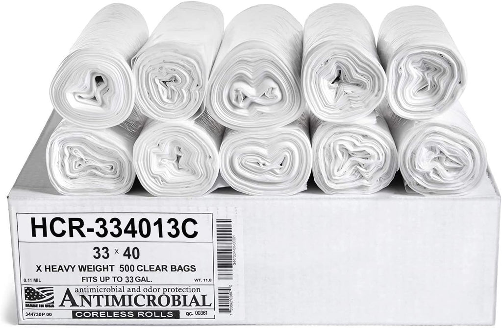 Aluf Plastics High Density Trash Bags, 33 Gallon, 500 Count, 13 Micron (eq), 33" x 40", Clear, for Bathroom, Office, Industrial, Commercial, Janitorial, Municipal, Recycling