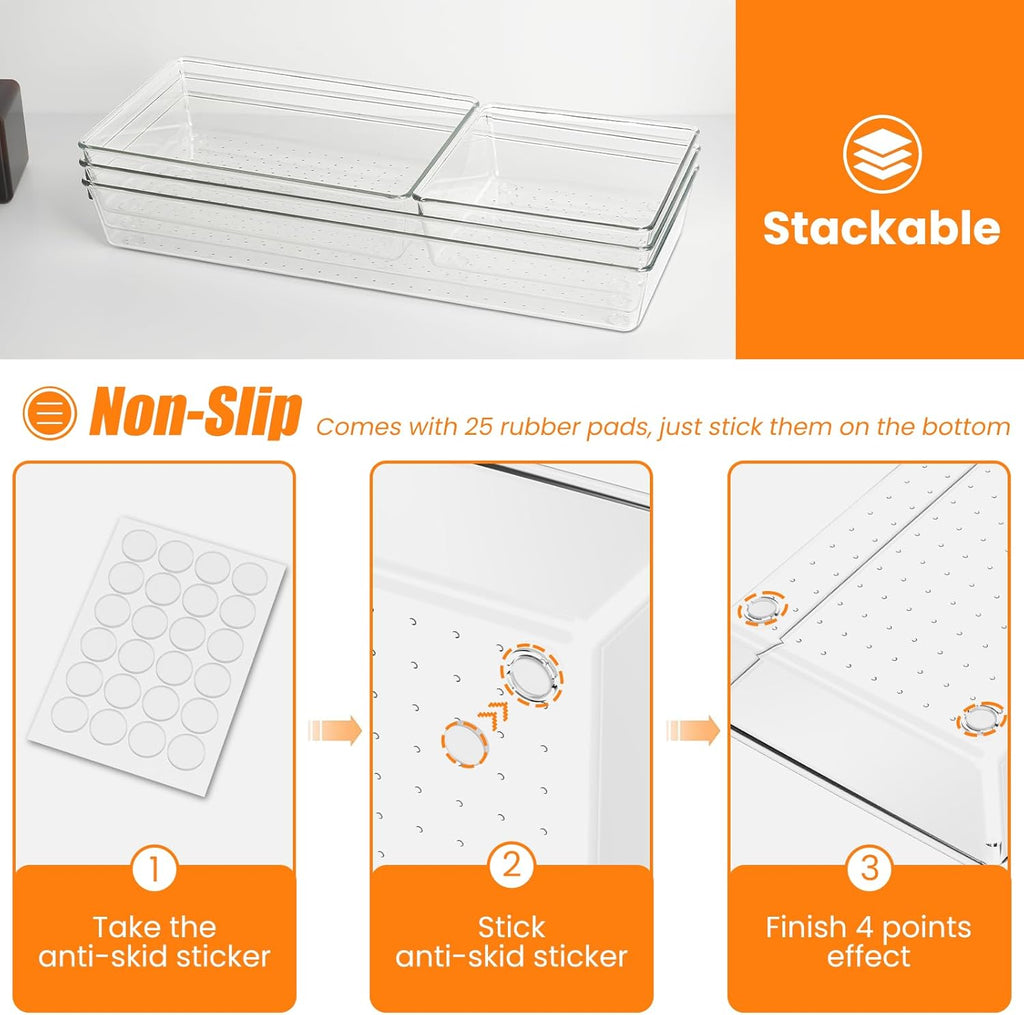 12 Pack Clear Plastic Drawer Organizer Set, Acrylic Non Slip Non Cracking Kitchen Drawer Storage Tray Large Size Divider, Multifunctional Storage for Cosmetics, Bathroom, Tools, Kitchen and Office