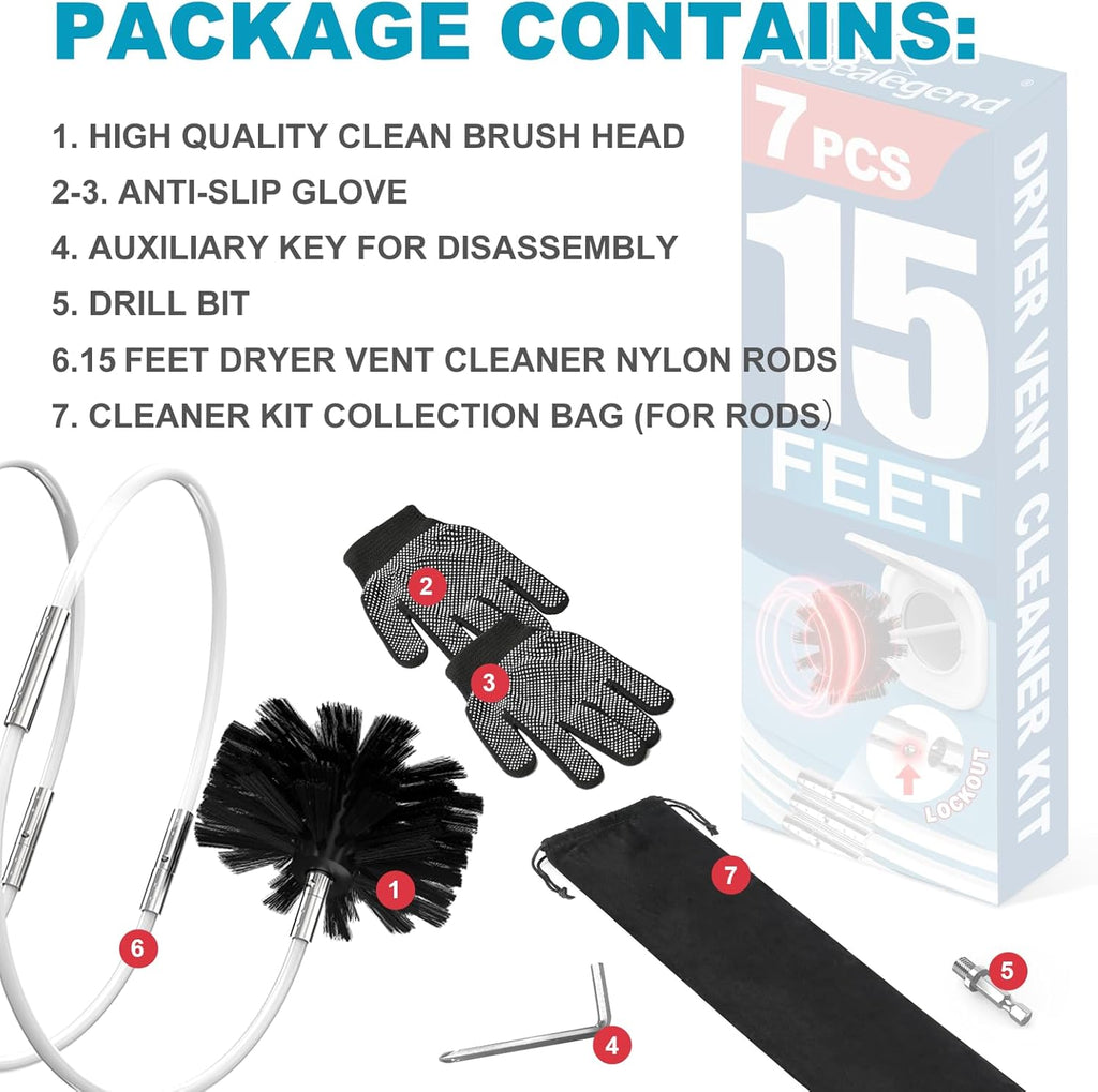 Sealegend 15 Feet Dryer Vent Cleaner Kit/Lint Remover/Upgraded Flexible Quick-Snap Brush with Drill Attachment/Fireplace Chimney Brushes for Easy to Clean/Cleaning Tool Use with or Without Power Drill