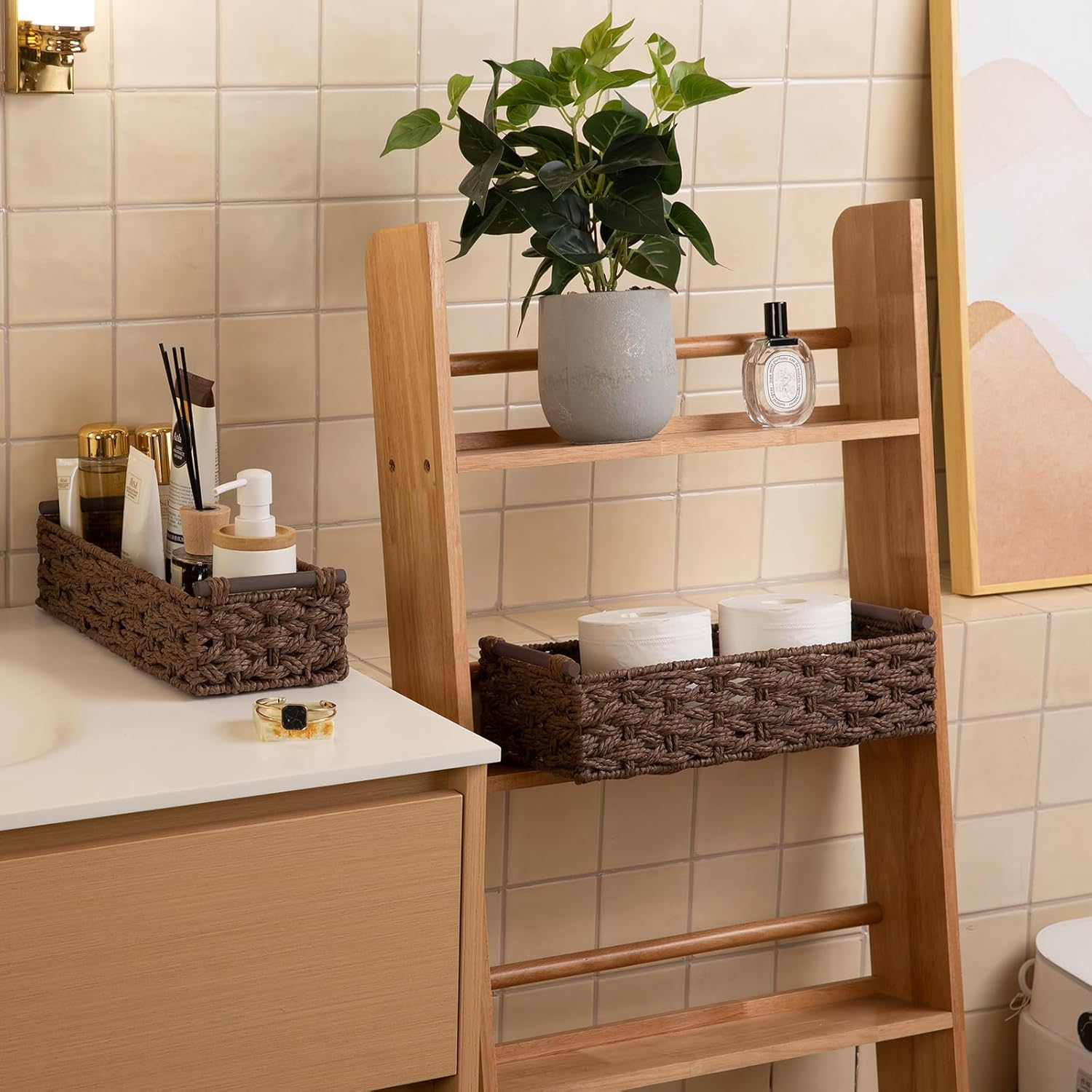 OIAHOMY Toilet Paper Baskets Handmade Paper Rope Decorative Wicker Storage Tank Shelf Cabinet Organizer for Bathroom Home, Set of 2, Brown
