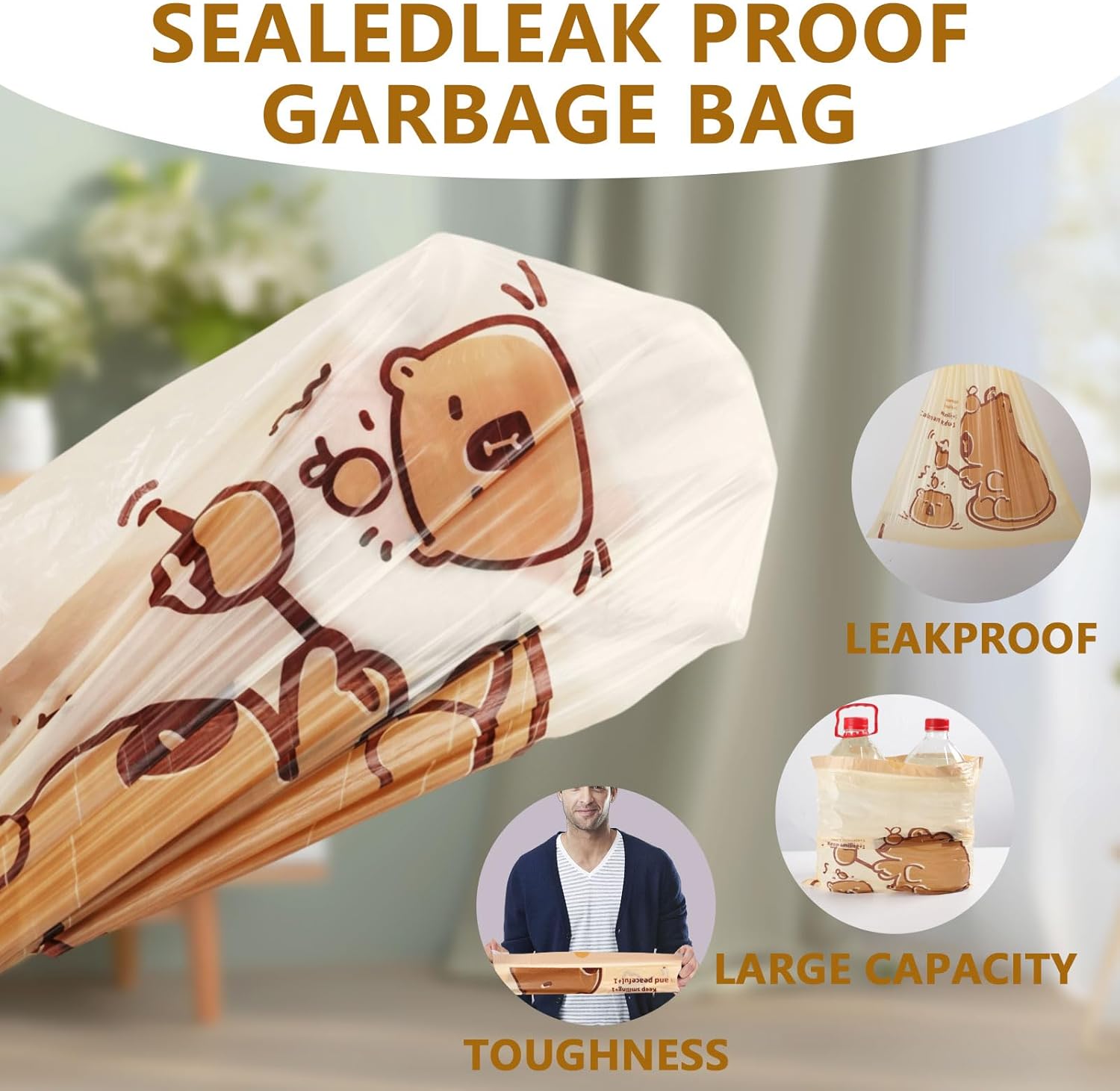 VOK 8 Gallon Trash Bags with Capybara Printed, Drawstring Medium Garbage Bags, Tear-Resistant & Leak-Proof Kitchen/Office Trash Can Liners, Trash Bags 8 Gallon with Secure Tie, 50 Counts