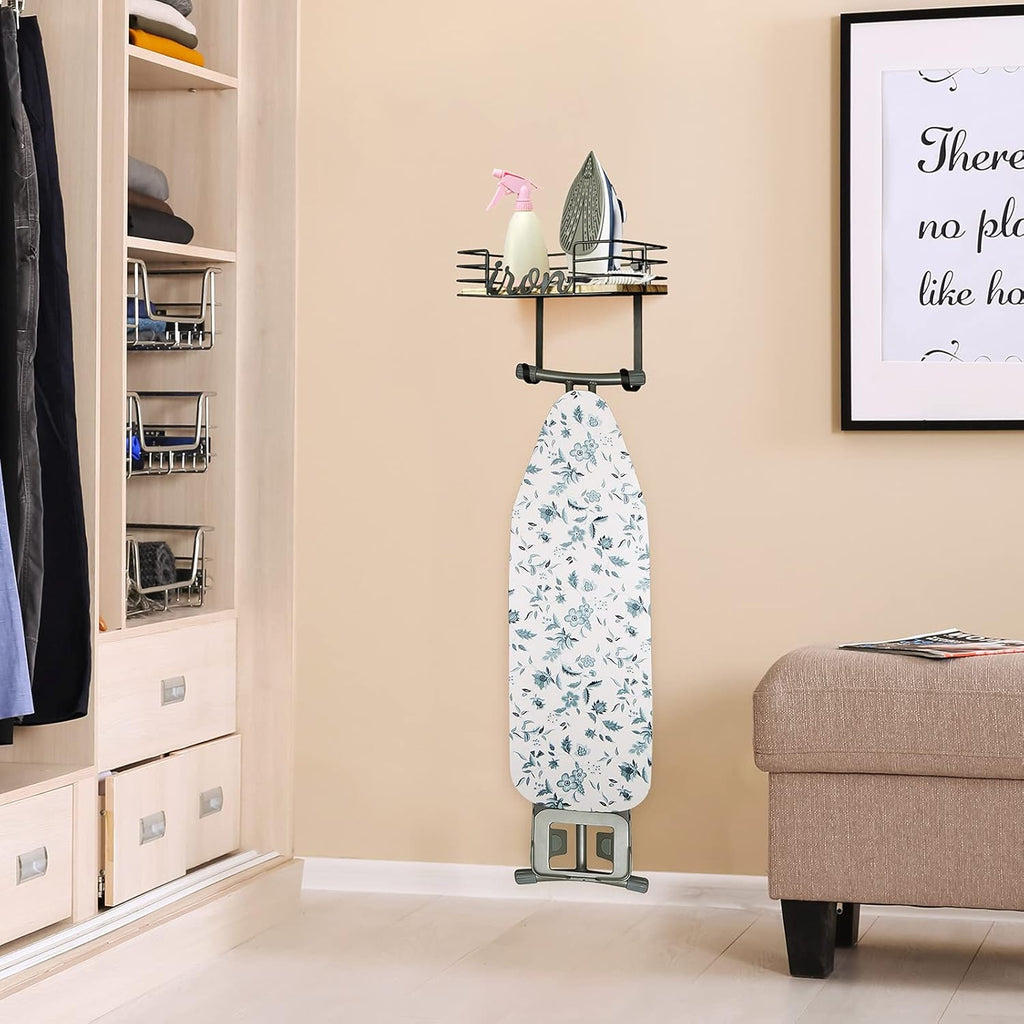 TJ.MOREE Hanger wall mount - Laundry Room Iron and ironing board Holder, Metal with Large Storage Wooden Base Basket and Removable Hooks (Black)