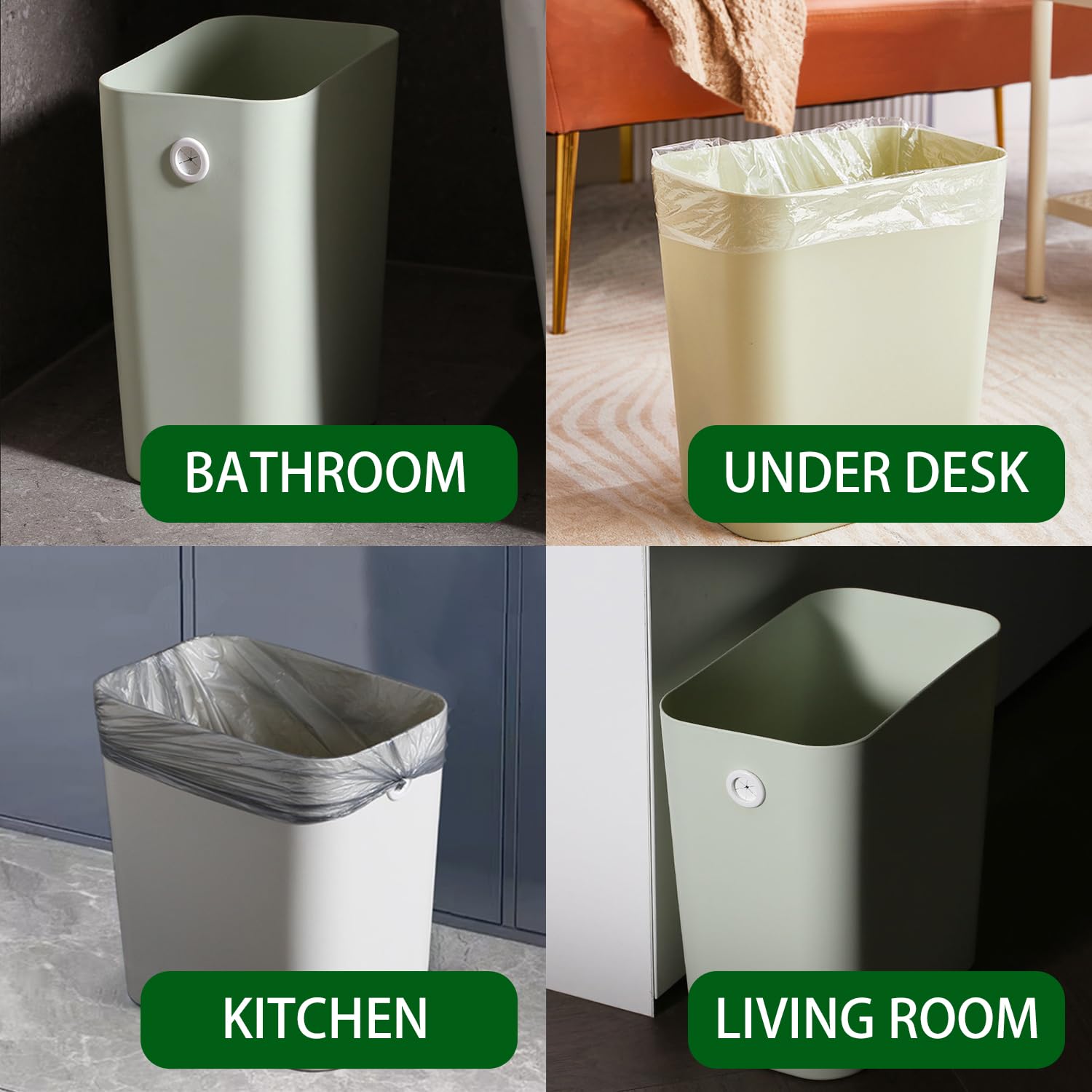 Rectanglar Small Trash Can 3 Pack, 3 Gallon/12 L Office Garbage Can Wastebasket, for Bedroom, Bathroom, Dorm, Kitchen, Under Sink, Under Desk, Plastic Trash Bin Garbage Bin– Green Grey Cream
