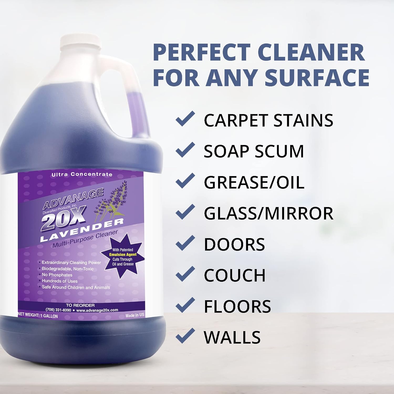 All Purpose Cleaner Concentrate - Advanage 20X The Wonder Cleaner Lavender for All Surfaces Around Bathroom, Kitchen, Oil and Grease, Multi Purpose Cleaner for Household Cleaning Solution | 128 FlOz