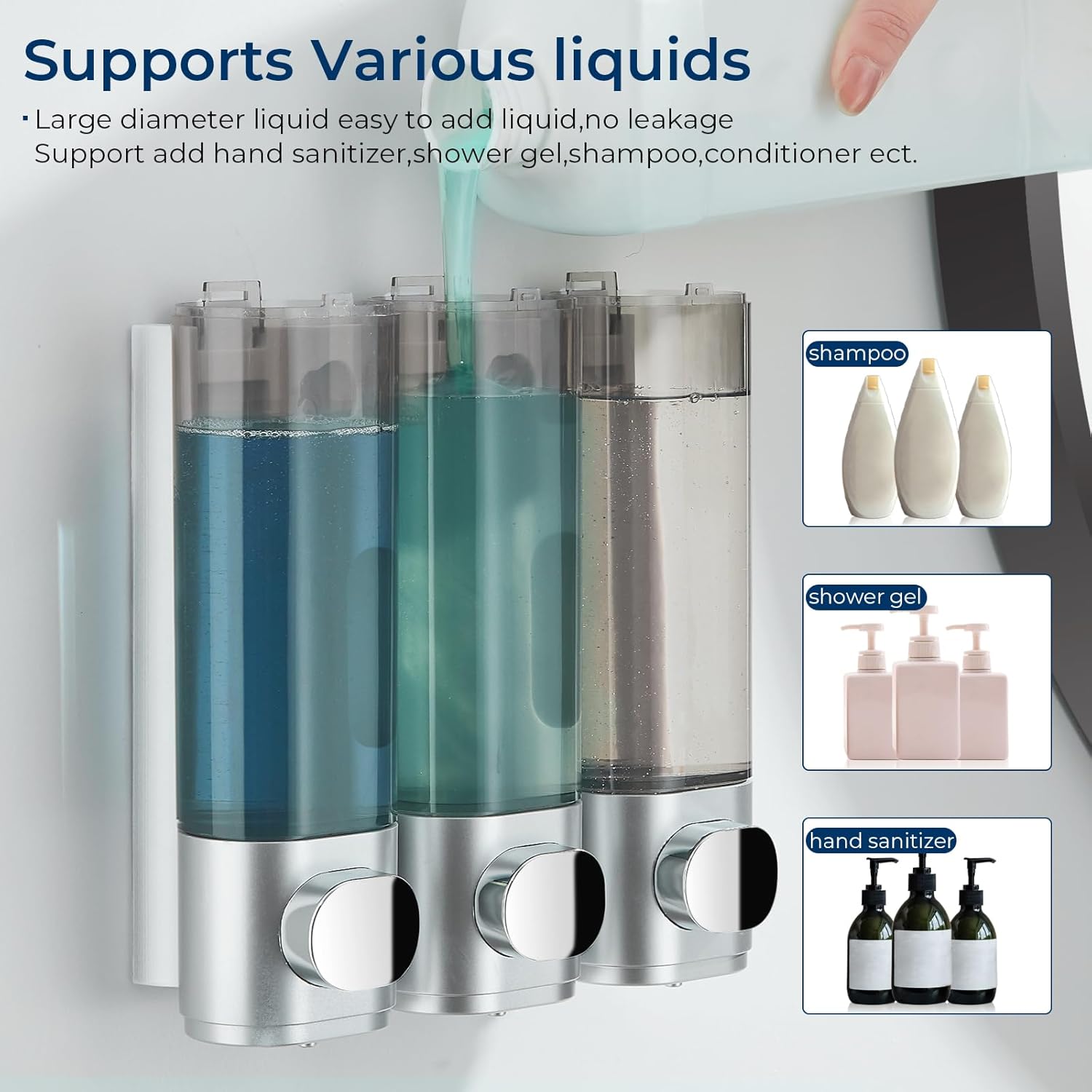Shampoo and Conditioner Dispenser, Pollock Shower Soap Dispenser 3 Chamber No Drill, Wall Mounted Shampoo Body Wash Conditioner for Bathroom Large Capacity Silver
