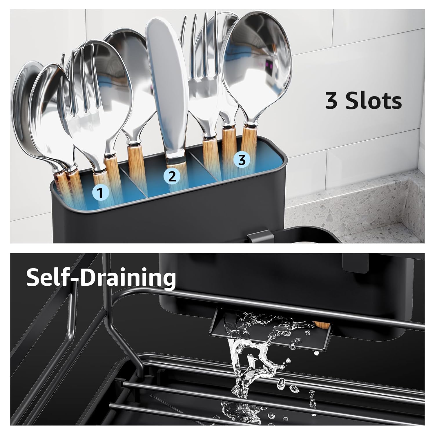Dish Drying Rack for Kitchen Counter, Space-Saving Dish Rack, Multifunctional Dish Drainer Rack, Sink Kitchen Dishes Strainer, Dryer Rack with Drain Board, and Cutlery Holder,Small Size Black
