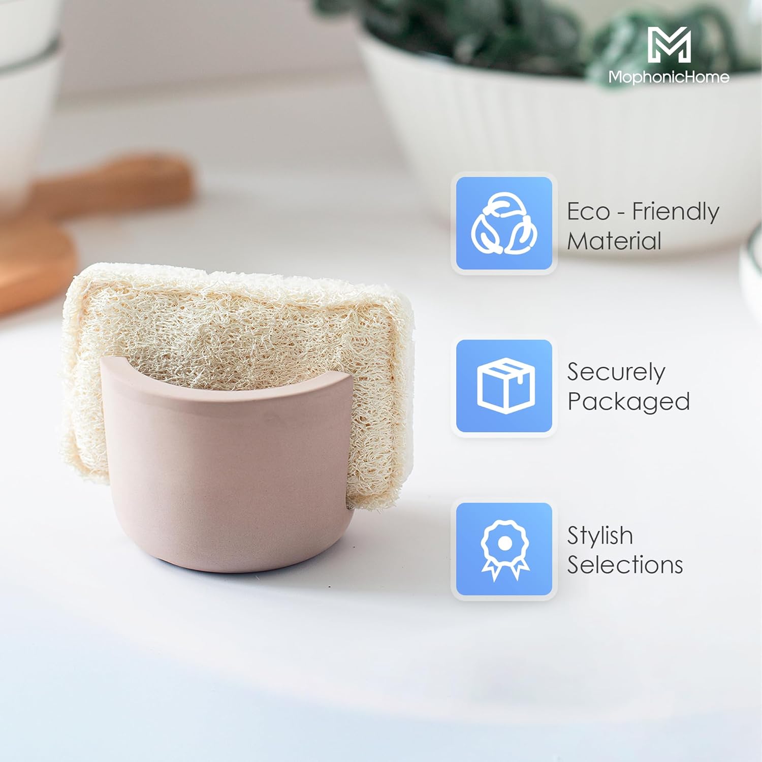 MOPHONICHOME Sponge Holder, Stone Sponge Holder For Kitchen Sink - Diatomite Kitchen Sink Caddy, Quick Dry, Super Absorbent, Modern Design, Brown