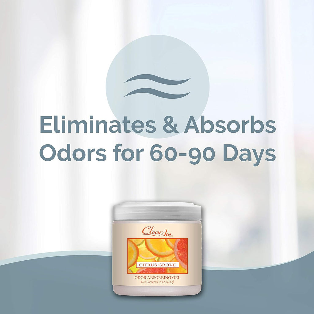 Clear Air Odor Absorber Gel - 15 oz, Pack of 2 - Air Freshener Absorbs and Eliminates Odors in Bathrooms, Cars, Boats, RVs and Pet Areas - Made with Essential Oils - Citrus Grove Scent