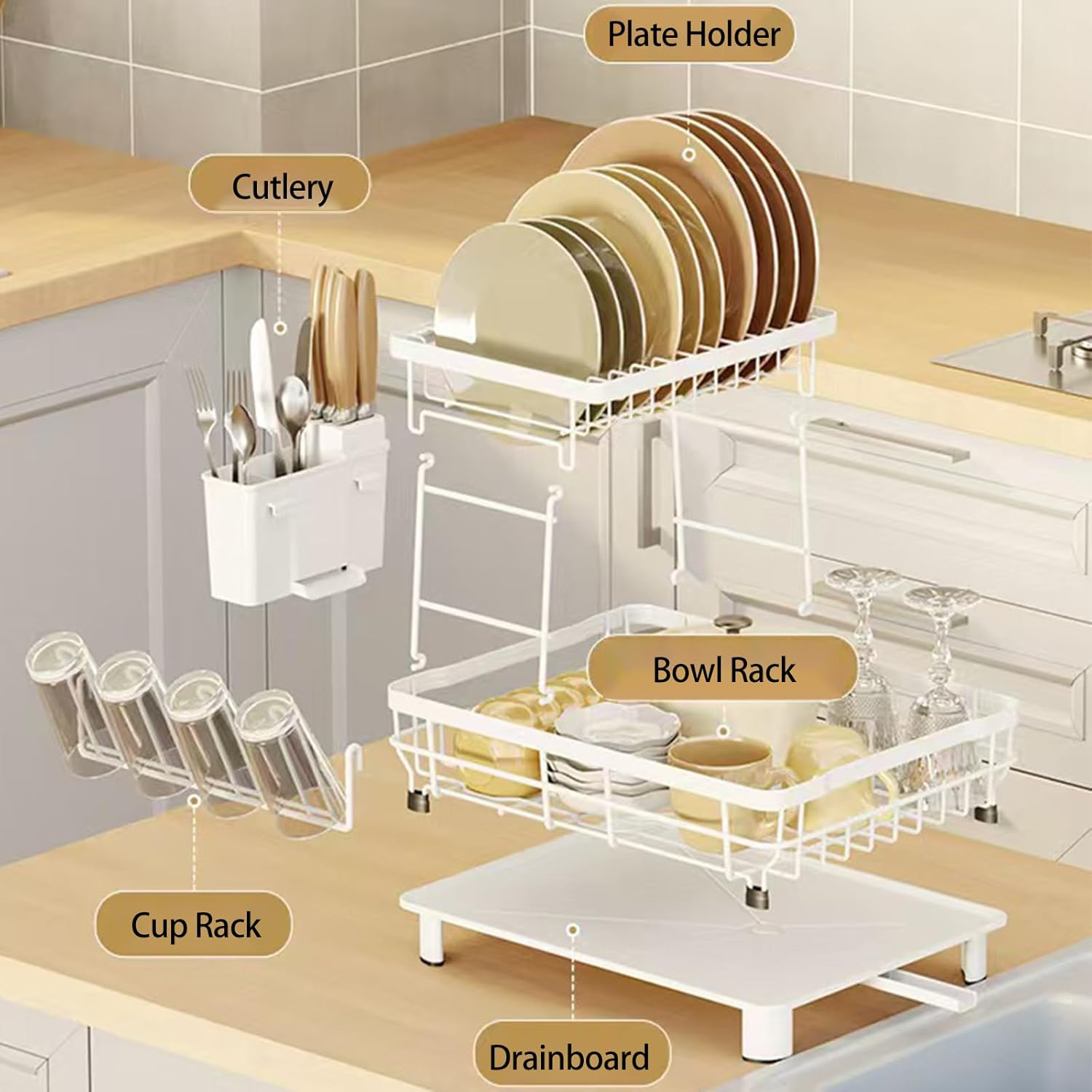 Dish Drying Rack, Space Saving & Durable, Rust-Proof Large 2 Tier Stainless Steel Dish Racks for Kitchen Counter with Cutlery & Cup Holder & Drainboard -White