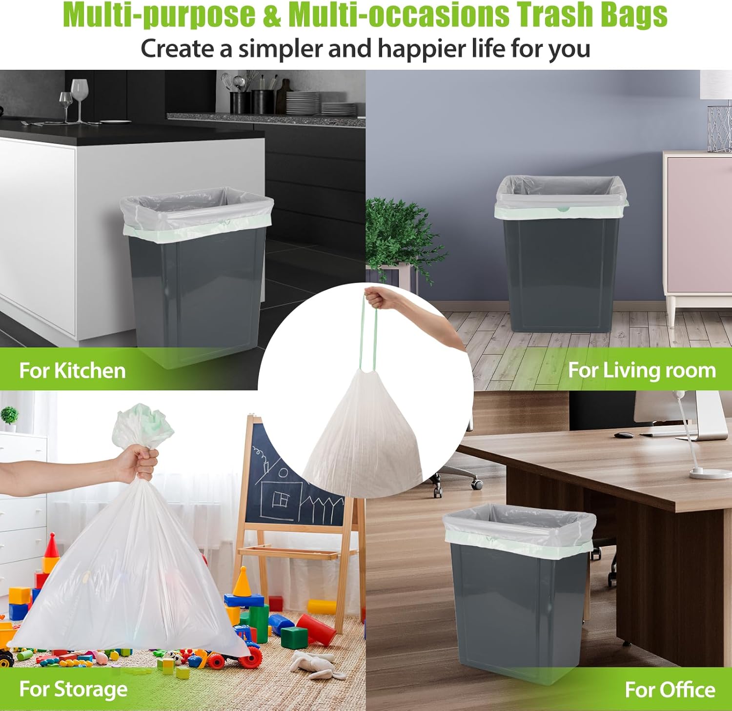 Large Trash Bags 13 Gallon Tall Kitchen Drawstring 100% Post-Consumer Recycled Garbage Bags Waste Bag for Office 0.6 Mil (110 Count)