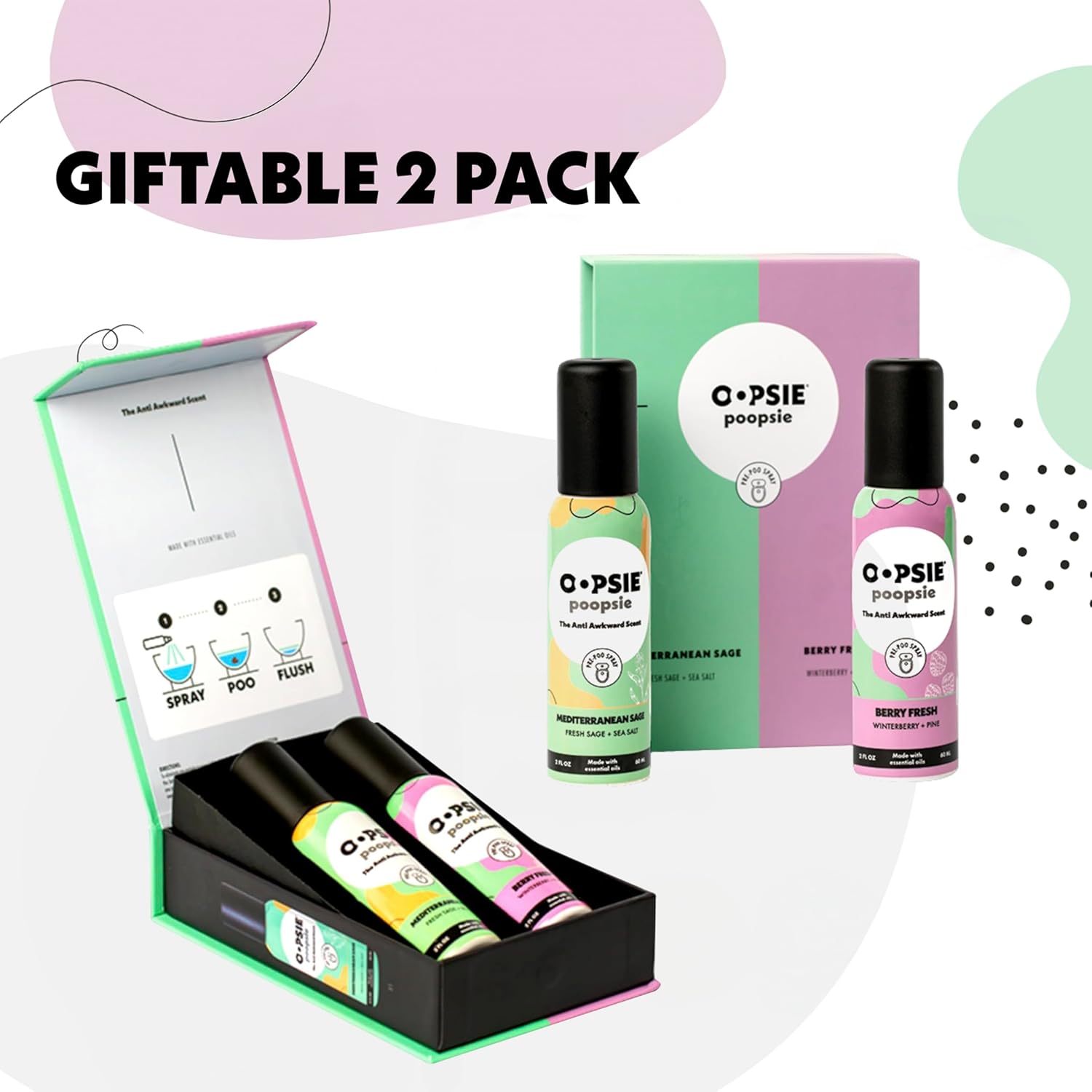 Oopsie Poopsie - Mediterranean Sage and Berry Fresh- Before & After You Go Toilet Spray 2oz Each - Gift Set - Portable Odor Eliminator - 2 Pack