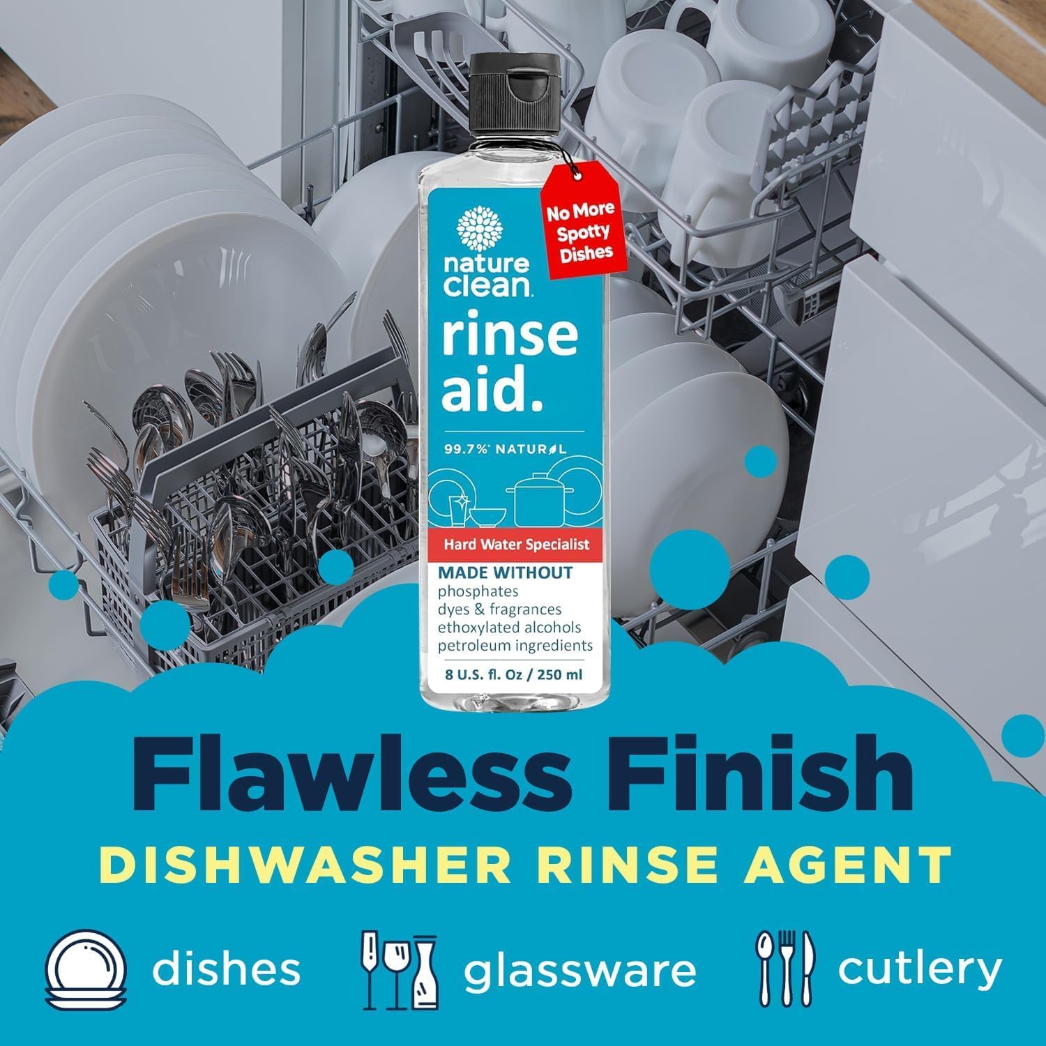 Nature Clean All Natural Dishwasher Rinse Aid Cleaner, Liquid Dishwasher Rinse Agent for Spot-Free Glass & Cutlery in Hard Water, Non Toxic Dish Washer Rinse Aid & Stain Remover, 8 oz/250ml, Pack of 4