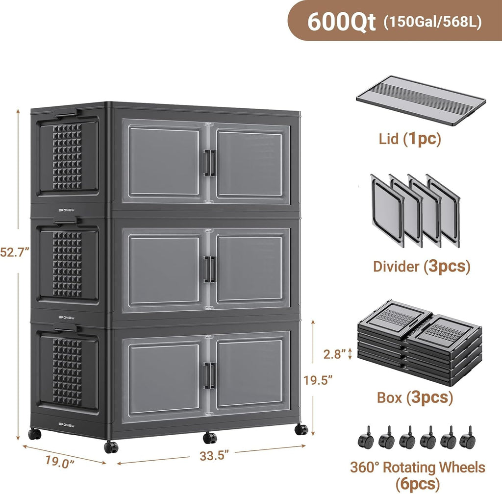 BROVIEW 52.7"H 150Gal Plastic Storage Bins with Lid & Wheels,3Pack Extra Large Stackable Storage Bins with Dividers,Closet Organizers and Storage Cabinet Collapsible Box Shelves for Home Kitchen,Black
