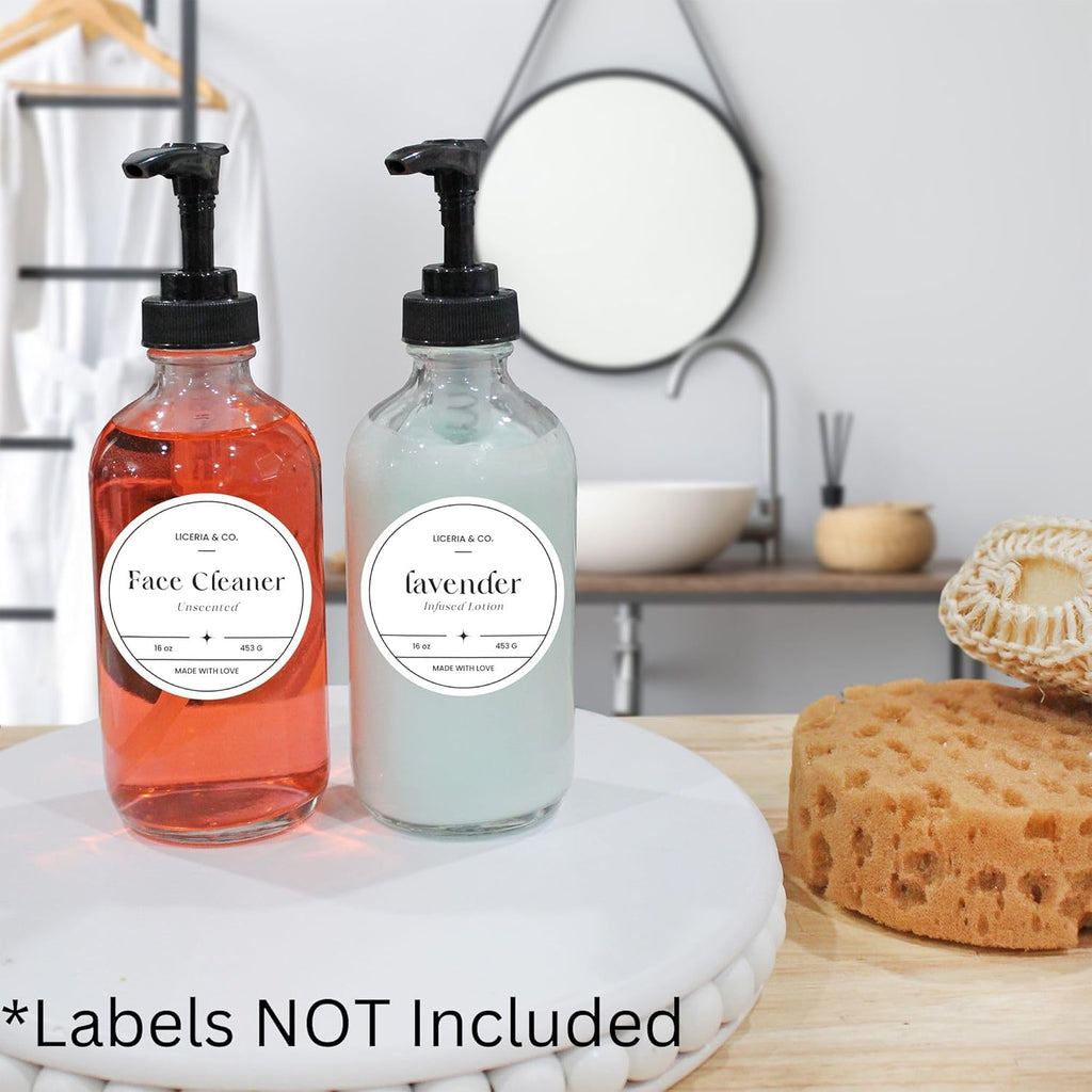 Cornucopia Brands 8oz Clear Glass Pump Bottles (4-Pack w/Black Plastic Pumps), Great as Essential Oil Bottles, Lotion Bottles, Soap Dispensers, and More