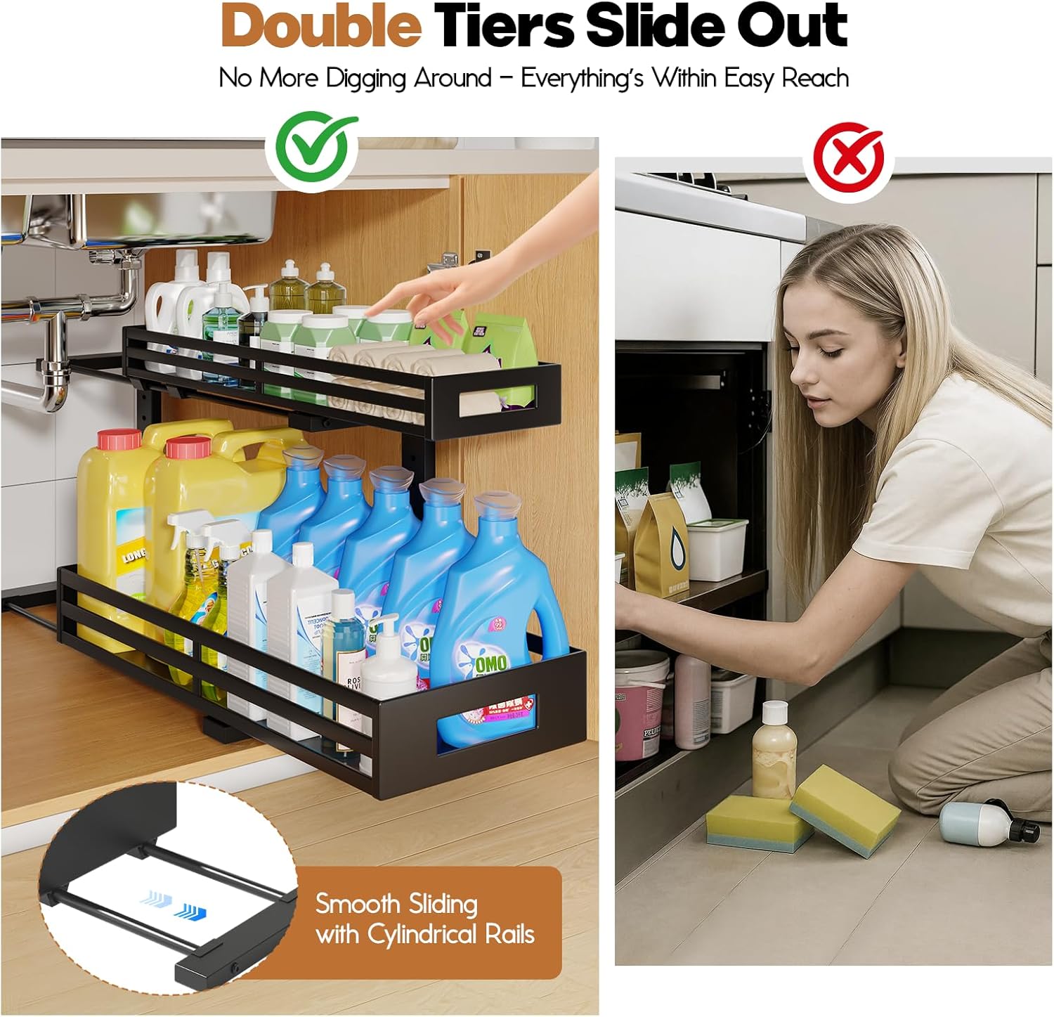 2-Pack 20.47"Deep Under Sink Organizer And Storage,2-Tier L-Shaped Pull Out Cabinet Organizer with Upgraded Slide Rails,Height Adjustable Drawers for Kitchen&Bathroom,Extra-Large Storage Shelves–Black