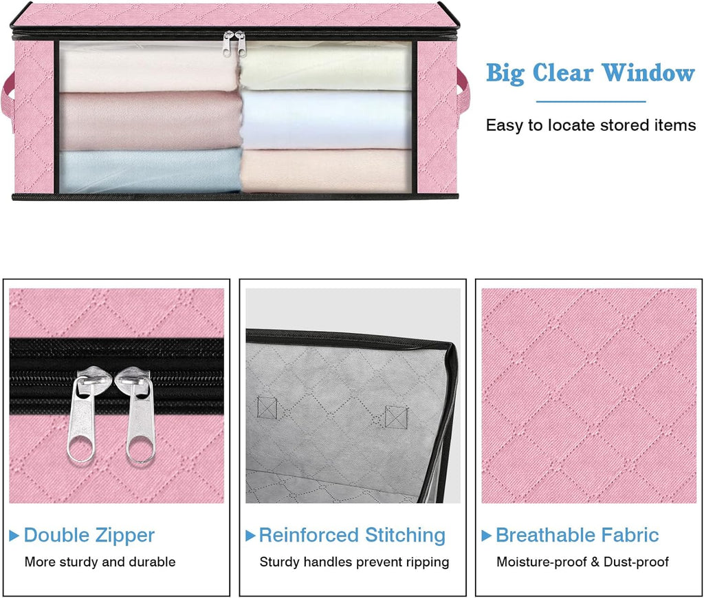 HomeHacks Storage 4-Pack Clothes Organizer Storage Bags Foldable Storage Box with Large Clear Window Sturdy Handles for Closet, Dorm, Pillows, Bedding, Clothes, Blankets, 35L, Pink