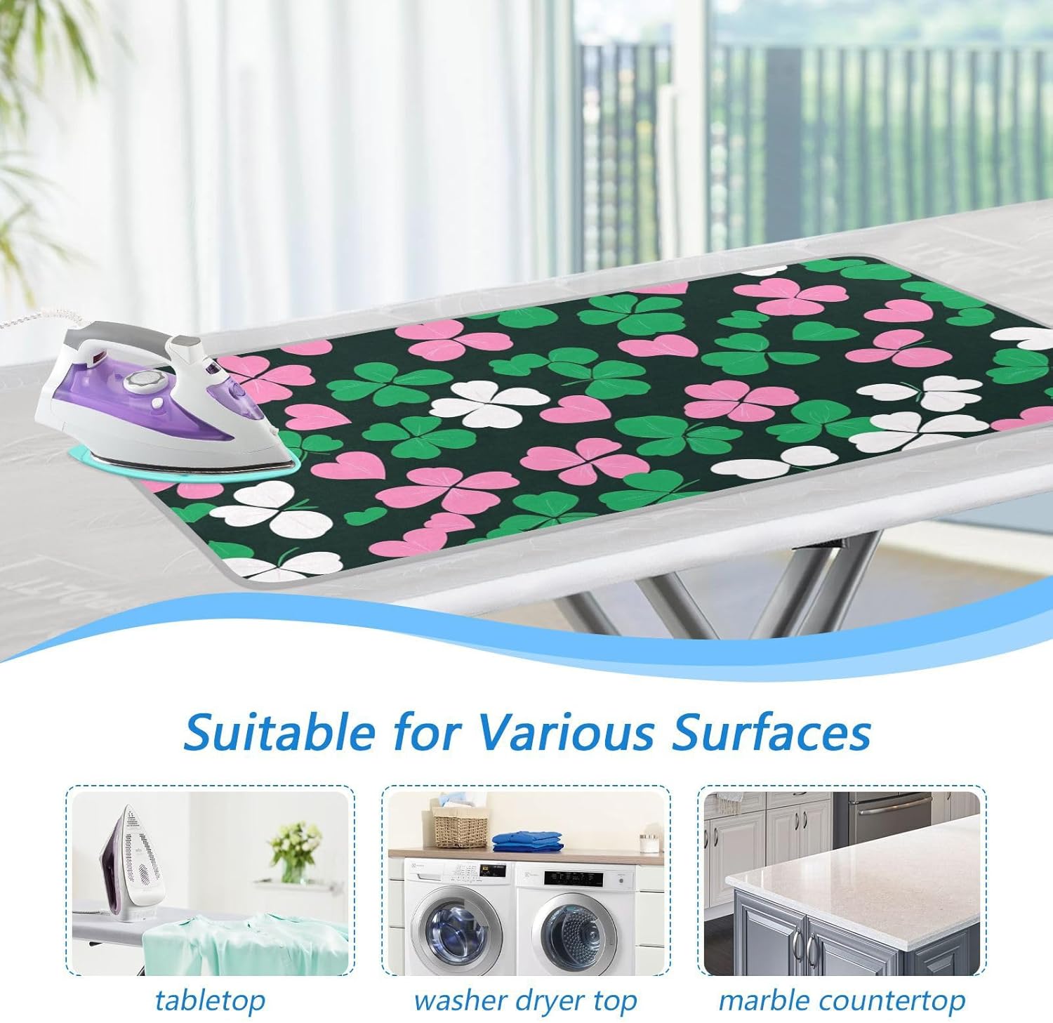 Ironing Mat Portable Ironing Pad Ironing Blanket for Table Top Heat Resistance Double-Side Using Travel Large 47.2 x 27.6 Inch Foldable Lightweight Clover Hearts