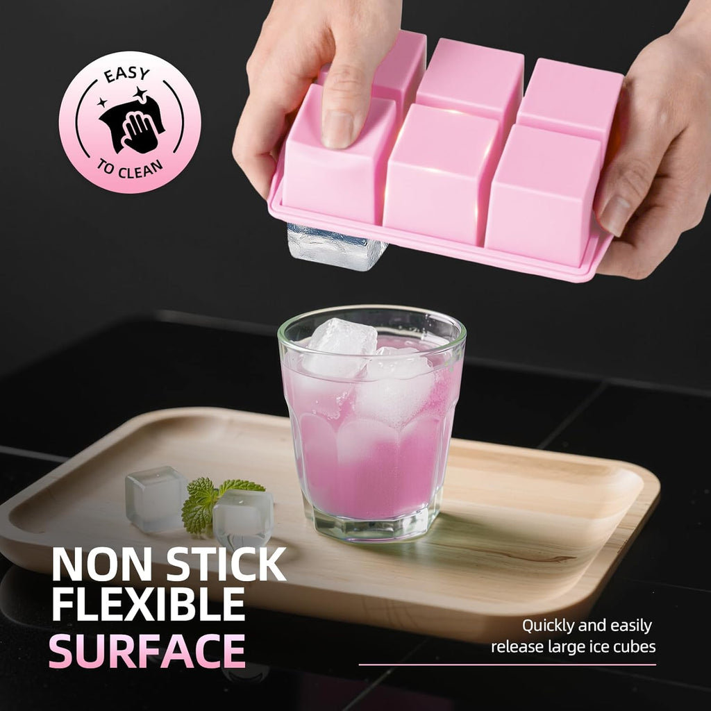 Large Ice Cube Trays for Whiskey (2 Pack) - Silicone Ice Cube Molds with Steel Frame Reinforcement & Lid, 2-Inch Square Ice Cubes for Whisky, Cocktails, Coffee, Tea - Easy Release