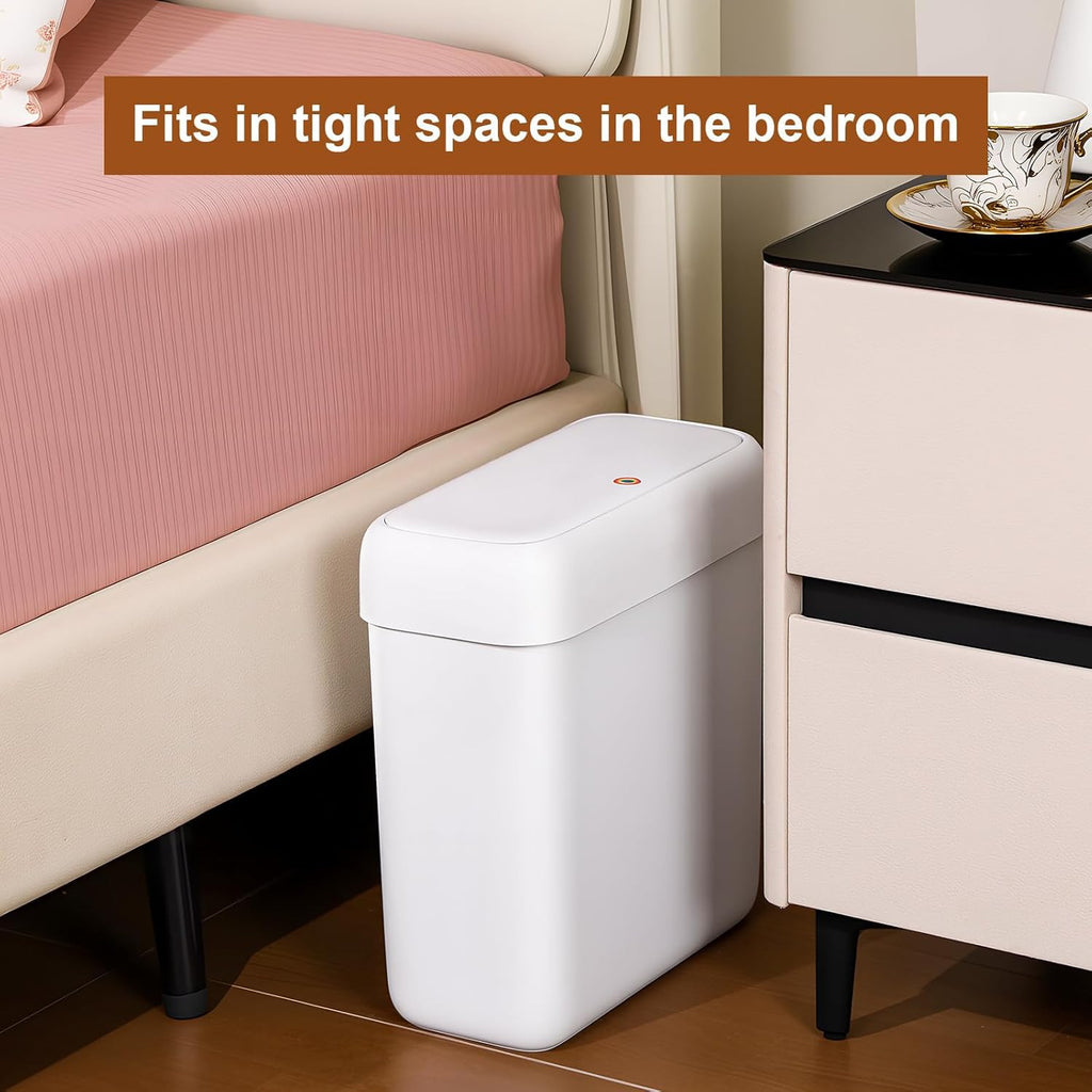 funest 2 Pack Bathroom Trash Can with Lid, 3 Gal/12 L & 2.7 Gal/10L Garbage Can with Pop-Up Lid, Small Spaces Plastic Trash Can, Slim Trash Bin Waste Basket for Bathroom,Rv, Office, White