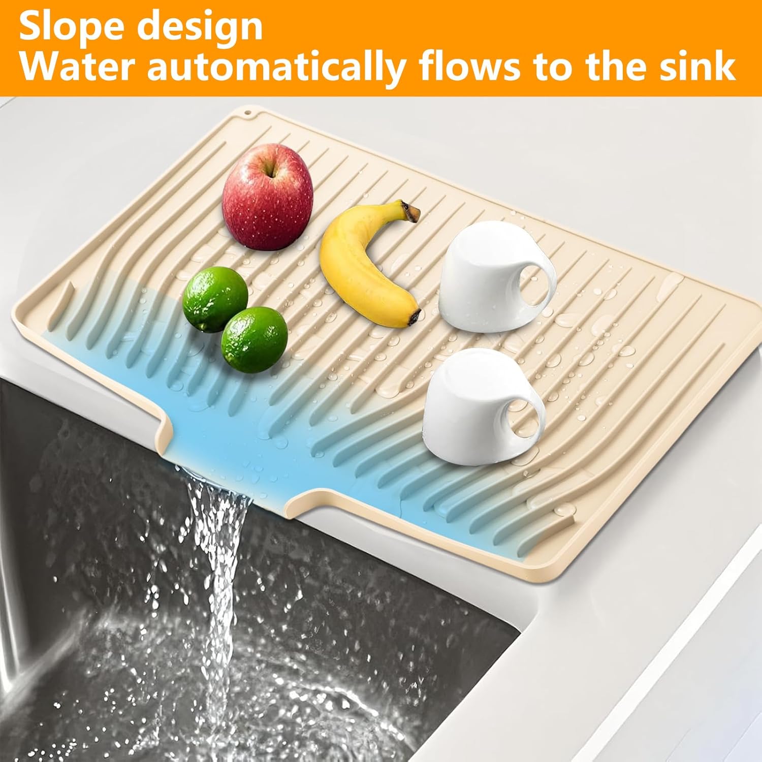 Silicone Dish Drying Mat for Kitchen Counter, Dish Drainer Mat, Non-Slip Drying Pad with Built-in Drain, Kitchen Drying Matt For Counter(18.9" x 11.8", Orange)