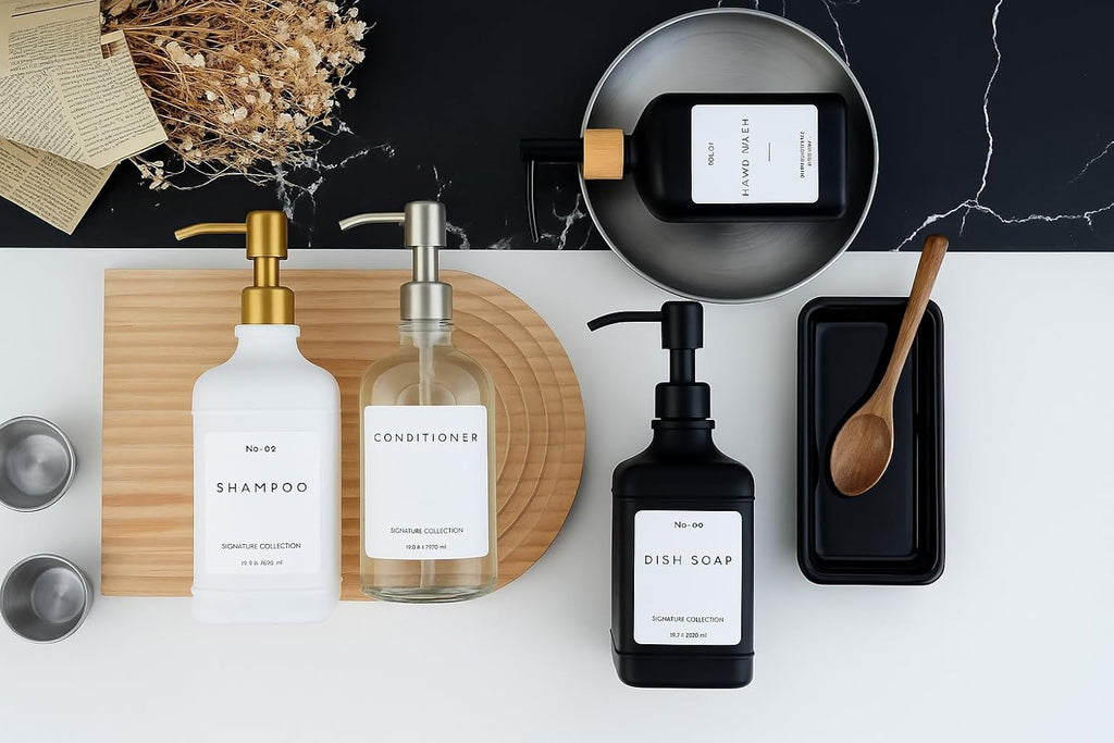 Emerson Essentials Soap Dispenser, Dish Soap Dispenser, Soap Bottle Bathroom Set, Farmhouse Stainless Steel, Kitchen Soap Dispenser Set - Glass Soap Dispenser with Pump and Labels, 16 Oz, 2 Pack