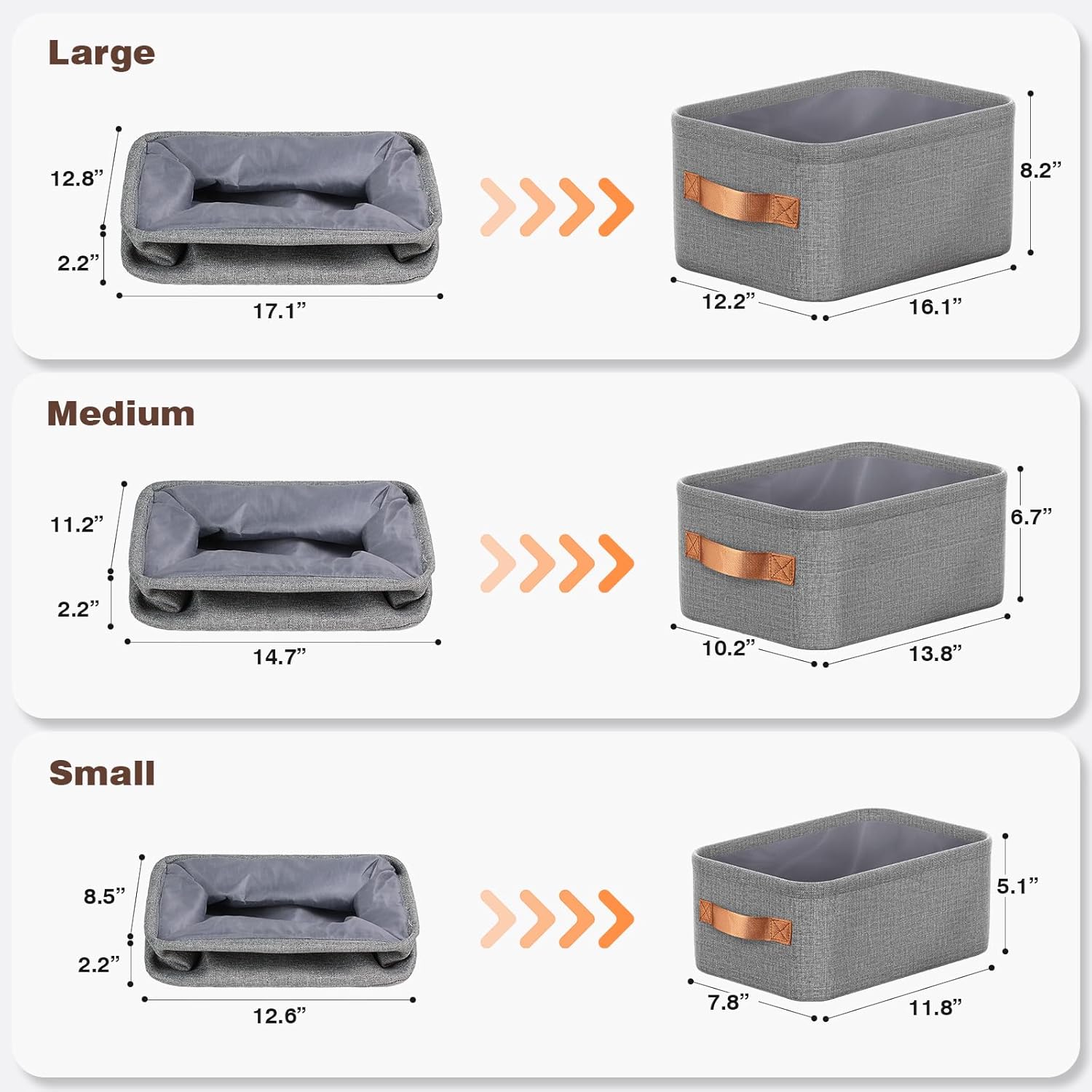 Large Storage Baskets for Shelves 3 Packs, Fabric Storage Bins for Shelves with Handles, 11.8'' L ×7.8'' W × 5.1'' H Collapsible Baskets for Organizing Clothes, Toy, Grey