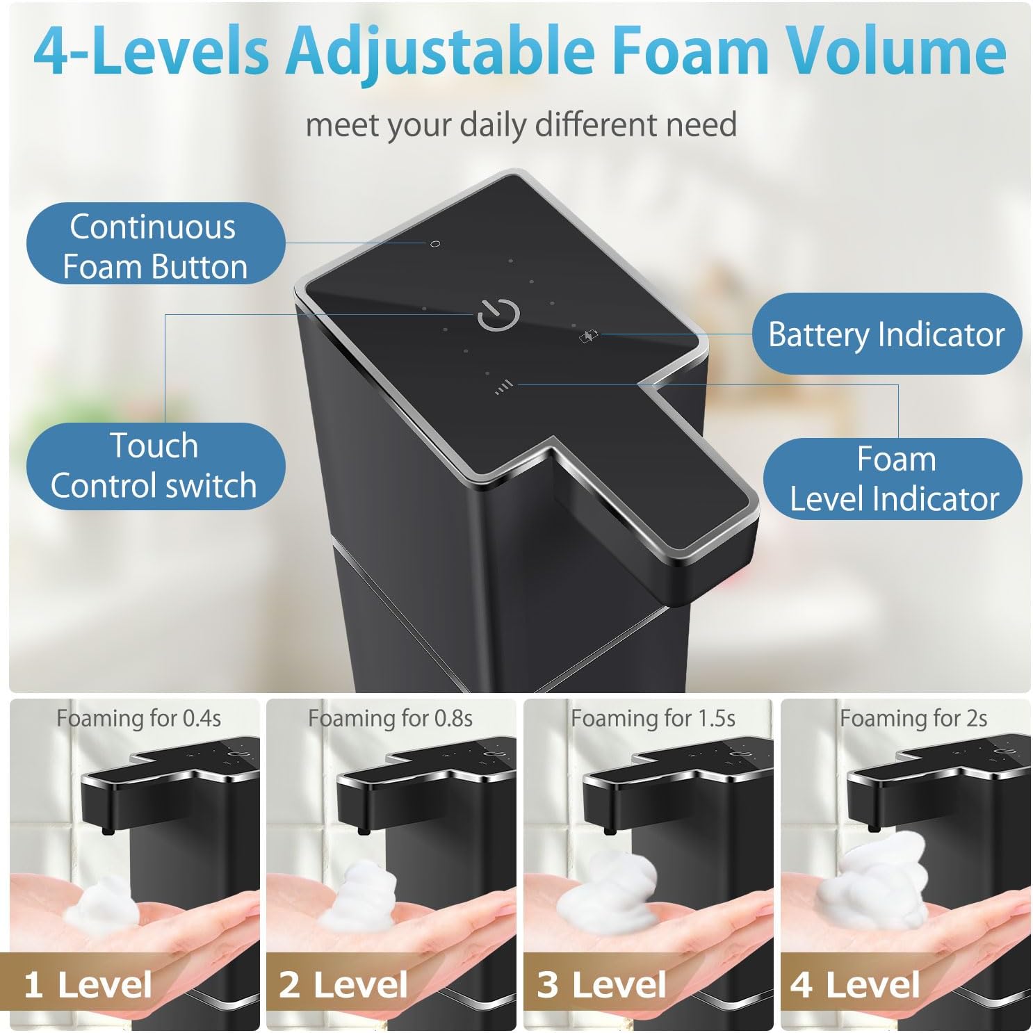 Automatic Foaming Soap Dispenser Touchless 380ml/12.8oz Rechargeable Hand Soap Dispenser Wall Mounted 4 Levels Adjustable Foam Soap Pump for Bathroom Kitchen Dish Soap