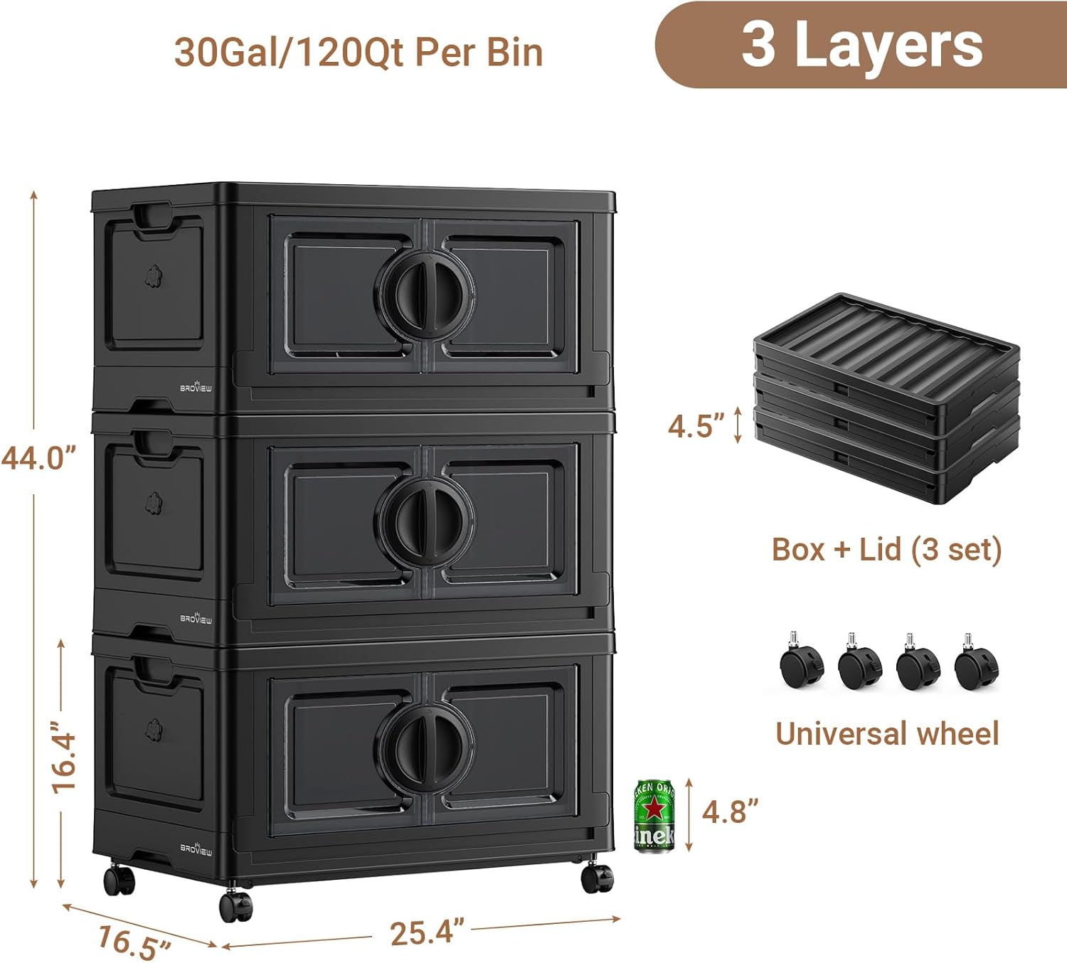 BROVIEW 360Qt Lockable Stackable Storage Bins with Lids, Closet Organizers and Storage Drawer, Collapsible Storage Bin with Wheels, Plastic Cabinet for Toy Clothes Dorm Organizer, V9 3 Pack Black