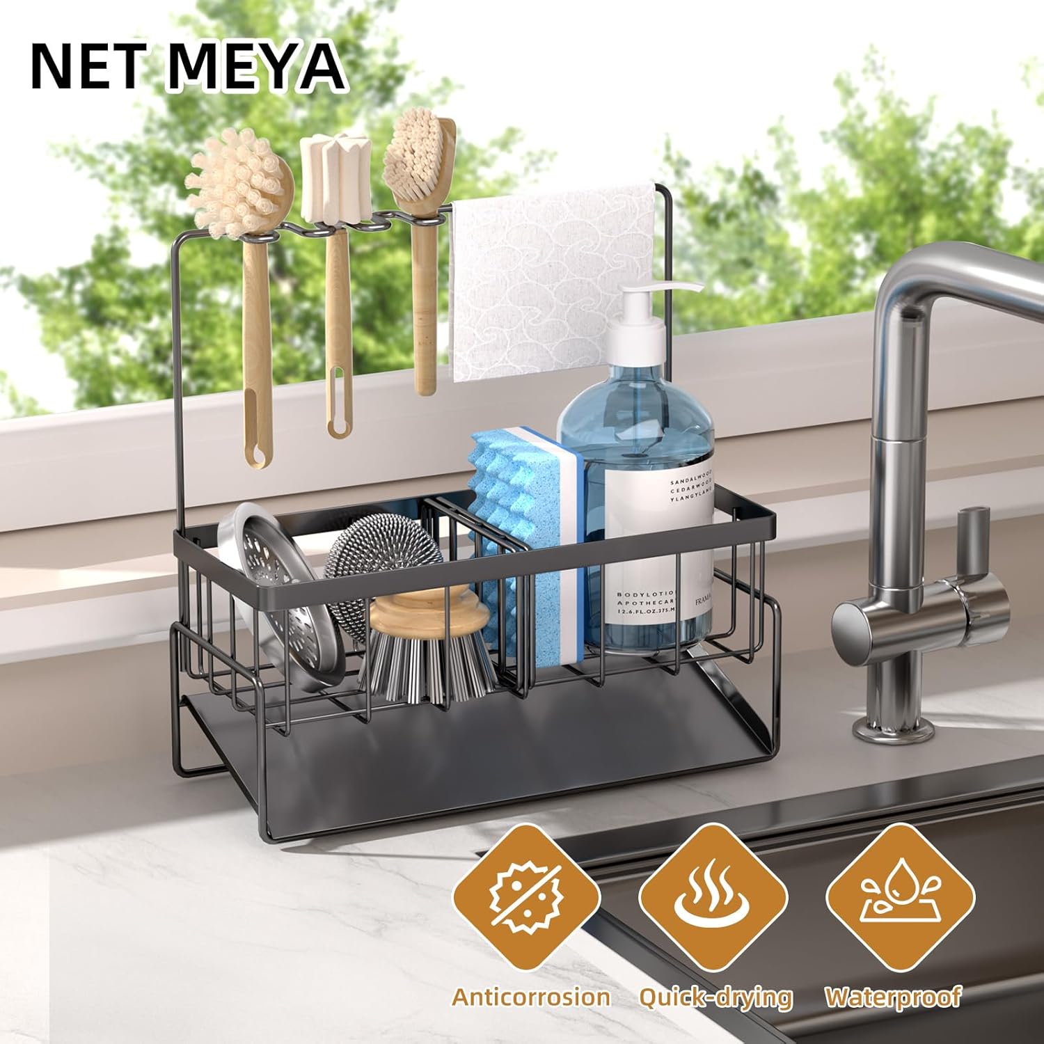 NET MEYA Sponge Holder for Kitchen Sink,Stainless Steel Sink Caddy with Dish Brush Holder,Kitchen Sink Organizer Countertop Sink Holder,Dish Soap Holder for Kitchen Sink Organizer