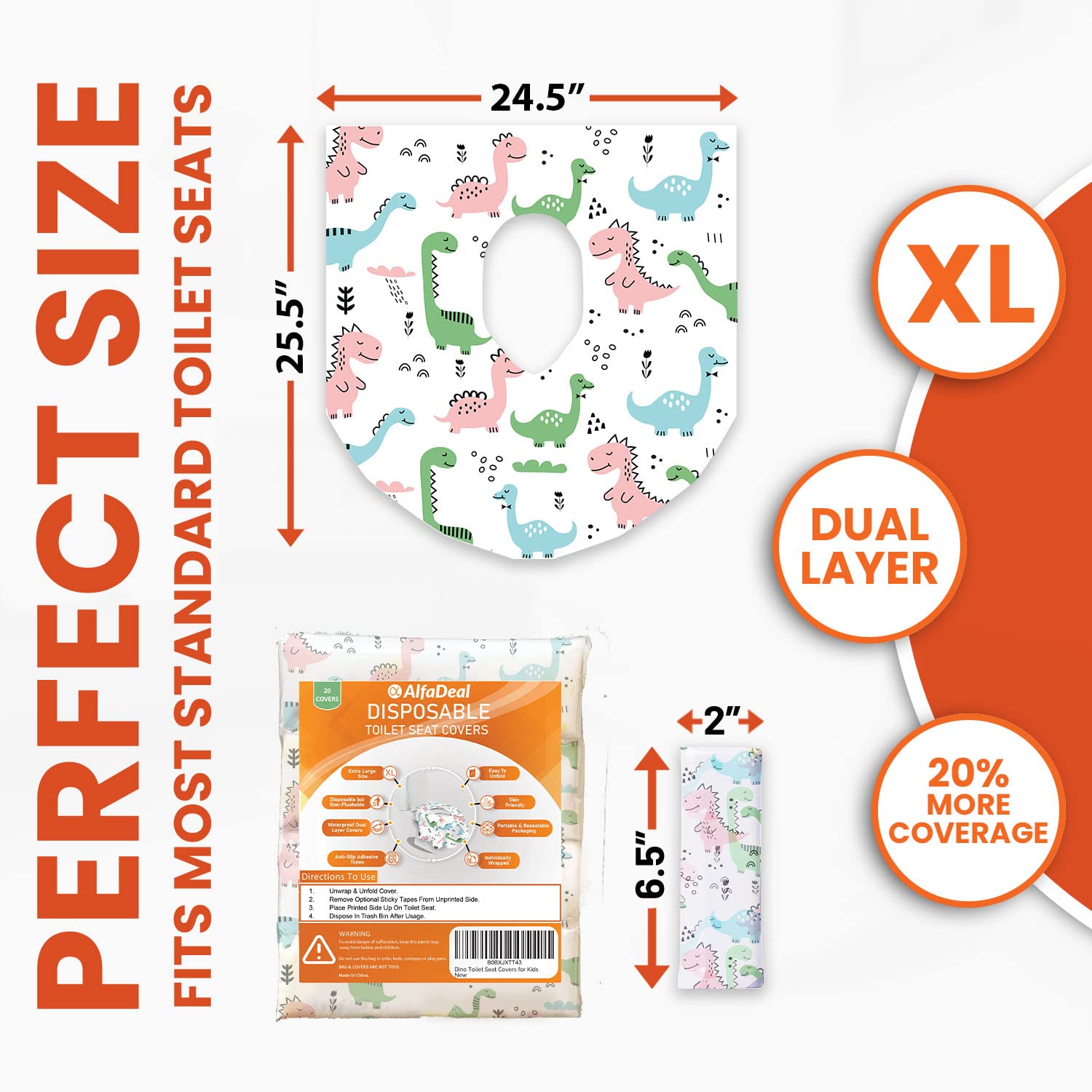 20 Extra Large Toilet Seat Covers Disposable for Kids & Adults-Toilet Covers Disposable for Travel-Toddler Toilet Seat Cover Liners for Potty Training-Individually Wrapped-Waterproof (Dinosaurs)