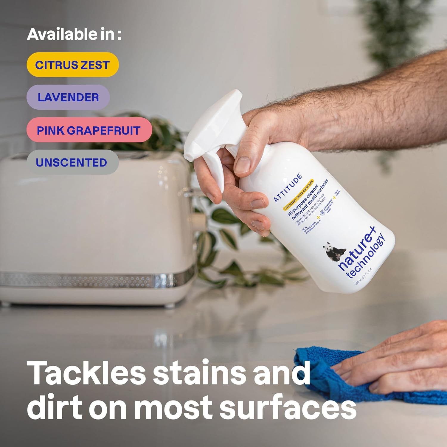 ATTITUDE All Purpose Cleaner Spray, EWG Verified, Vegan, Made with 94% Plant-Based Ingredients, Streak-Free for Kitchen, Bathroom, Glass & More, Citrus Zest, 27.1 Fl Oz (Pack of 3)