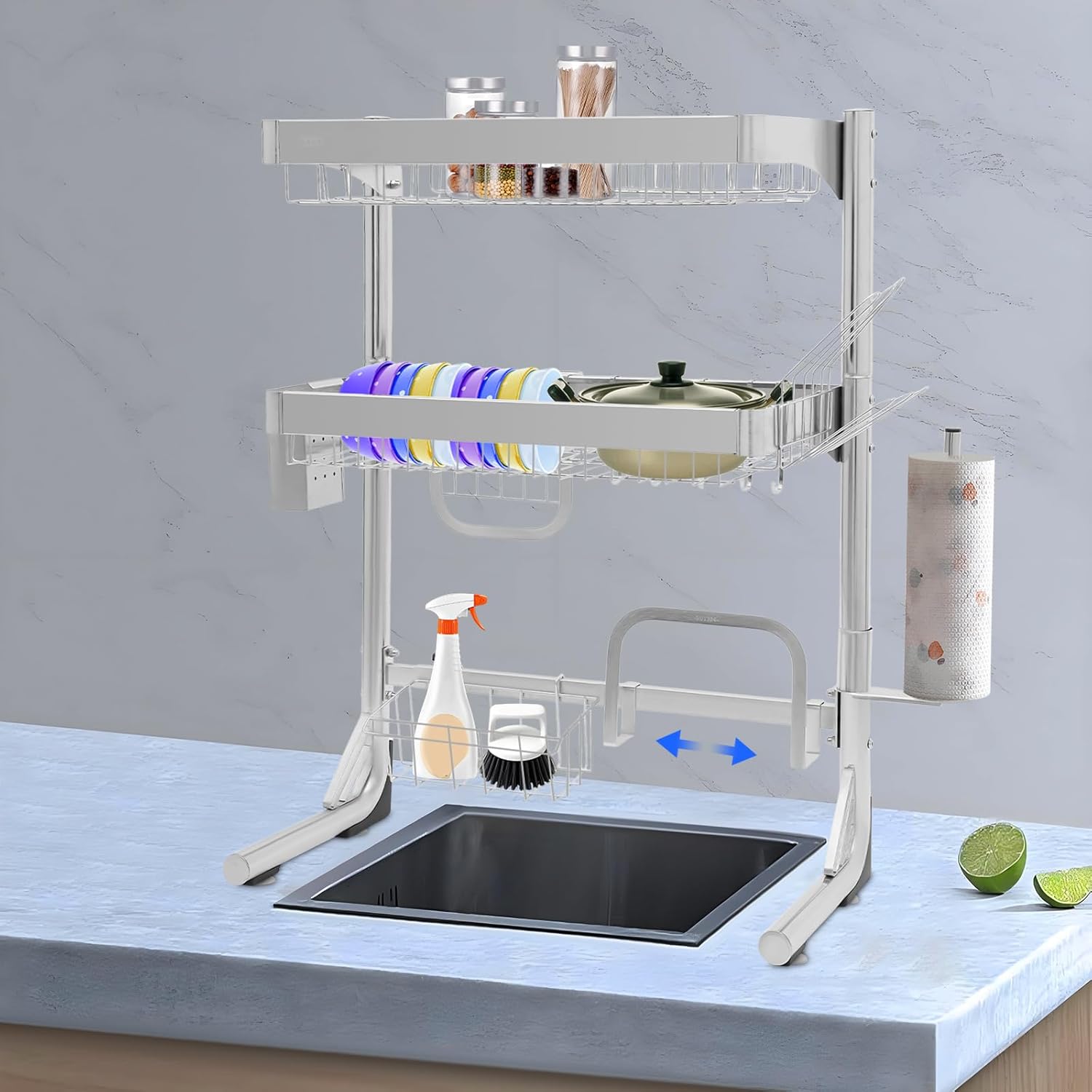 Over The Sink Dish Drying Rack, 2-Tier Stainless Steel Dish Drainer for Kitchen, Multifunctional Organizers, Chopstick Cage, Cup Holder, Cutting Board Holder, Knife Holder, 21''-33''Adjustable Length