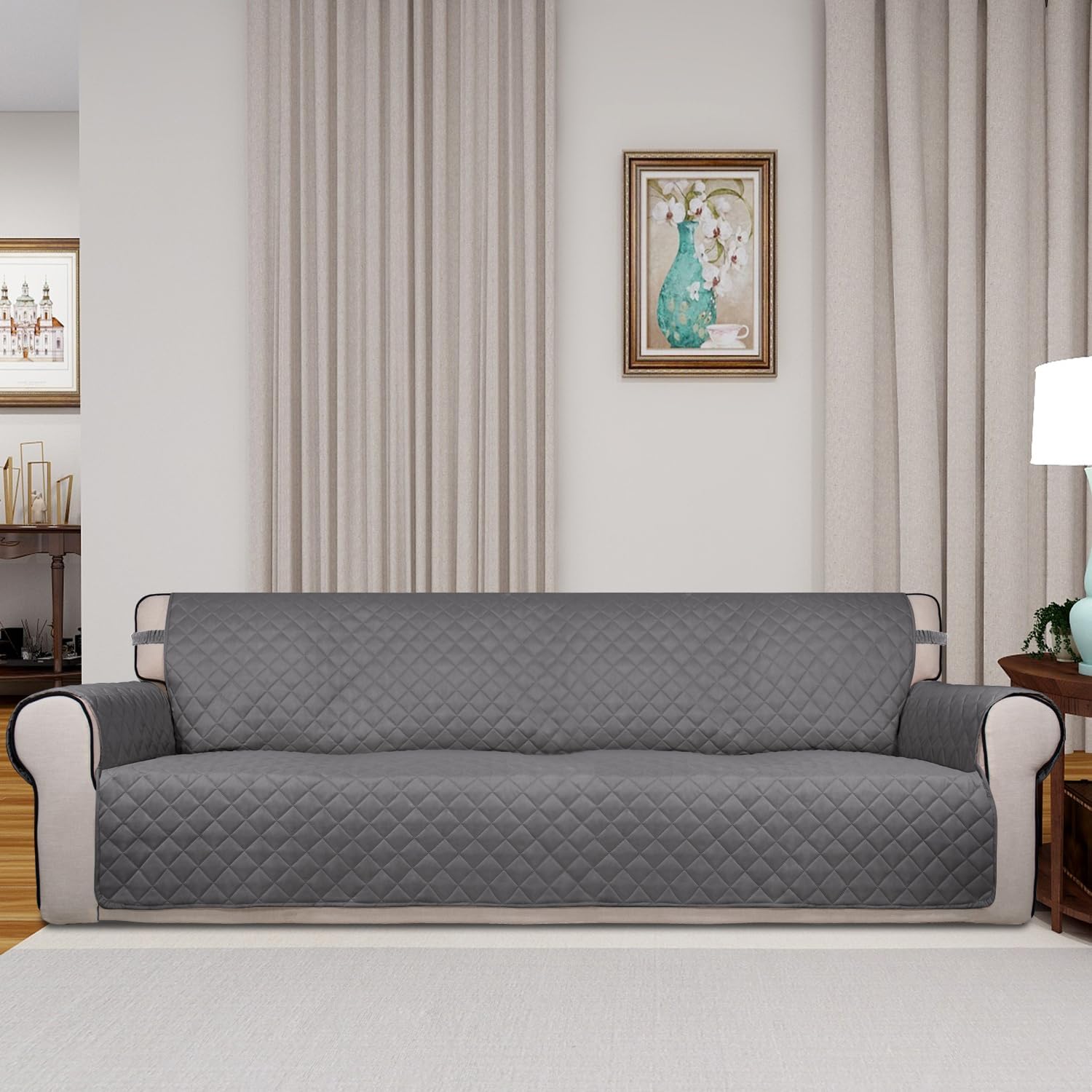 PureFit Reversible Quilted Sofa Cover, Water Resistant Slipcover Furniture Protector, Washable Couch Cover with Non Slip and Elastic Straps for Kids, Dogs, Pets (4 Seater Sofa, Gray/Ivory)