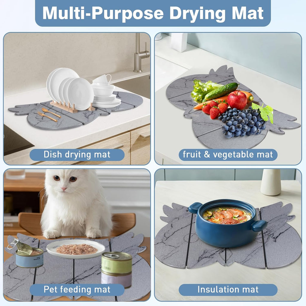Large Stone Dish Drying Mat for Kitchen Counter,24"(L)×16"(W) Quick Dry Absorbent Diatomaceous Earth Dish Drying Mats,Owl Shape Design Drying Pads for Cups Dishes Bottles (Gray)