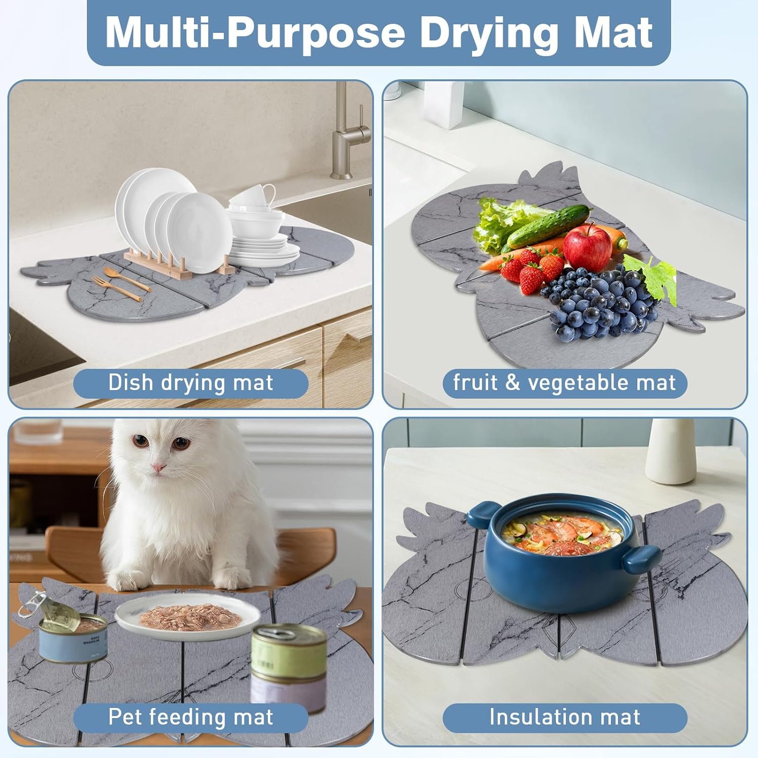 Large Stone Dish Drying Mat for Kitchen Counter,24"(L)×16"(W) Quick Dry Absorbent Diatomaceous Earth Dish Drying Mats,Owl Shape Design Drying Pads for Cups Dishes Bottles (Gray)