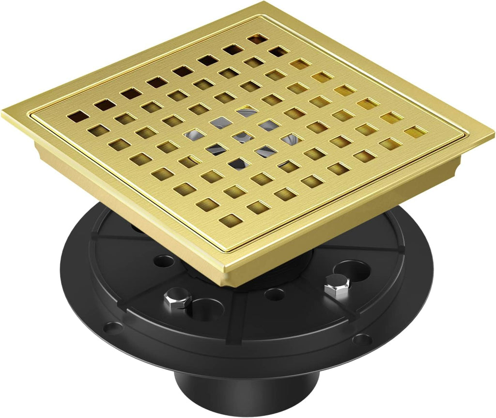Shower Drain Brushed Gold 6 Inch, Square Floor Drain, Stainless Steel Drain Kit with Flange, Removable Grid Cover, Hair Strainer