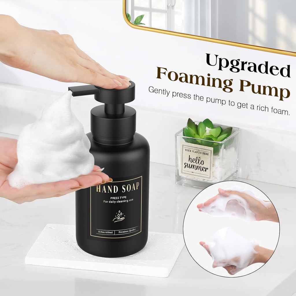 Luxspire Foaming Soap Dispenser, Glass Foam Pump Soap Dispenser, Non-Slip Silicone Sleeve & 5 Waterproof Labels, 15 Oz Refillable Liquid Bottle for Bathroom & Kitchen, Black+White, 2 Pack
