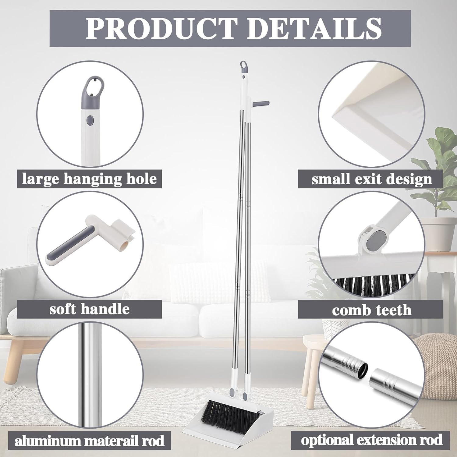 Suclain 4 Set 8 Pcs Broom and Dustpan Set 47 Inch Long Handle Brooms for Sweeping Indoor Household Dustpans for Indoor Outdoor Kitchen Floor