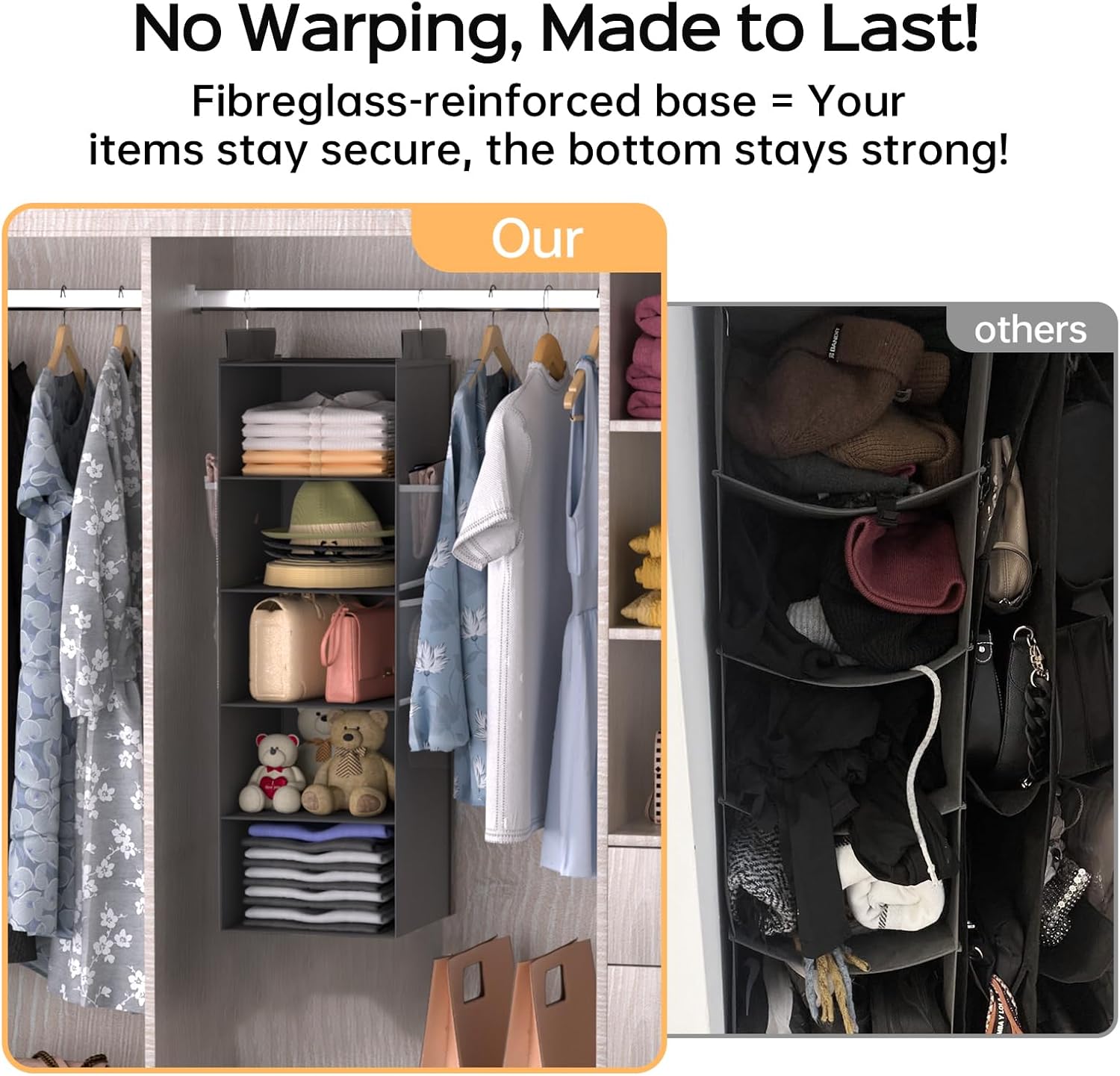Deep Hanging Closet Organizers and Storage, Closet Hanging Storage Shelves with 5 Shelves and 4 Mesh Pockets, Heavy-Duty Closet Organizer for Clothes, Hats, and RVs and Dorm Essential,1-Pack, Grey