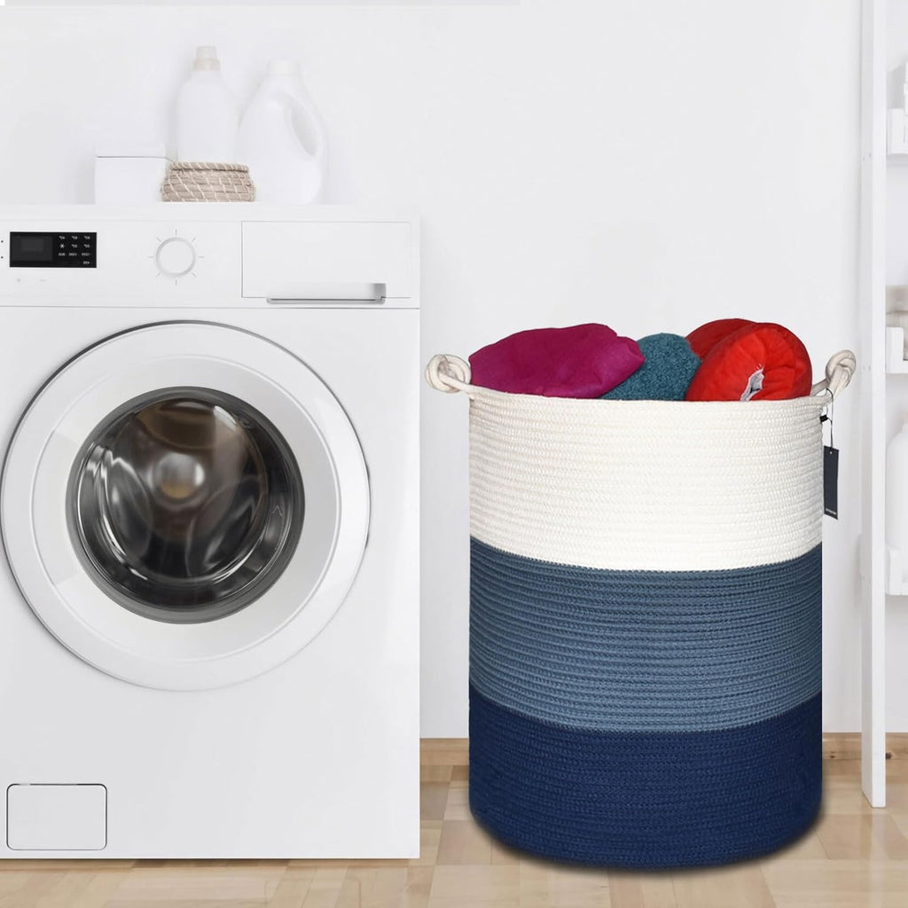 COMSE Extra Large Blanket Basket, Tall Woven Storage Basket, Nursery Hamper, 15.7”x 21.7”, Cotton Rope Laundry Hamper for Toys Clothes Towels, White/Cadet Blue/Navy Blue