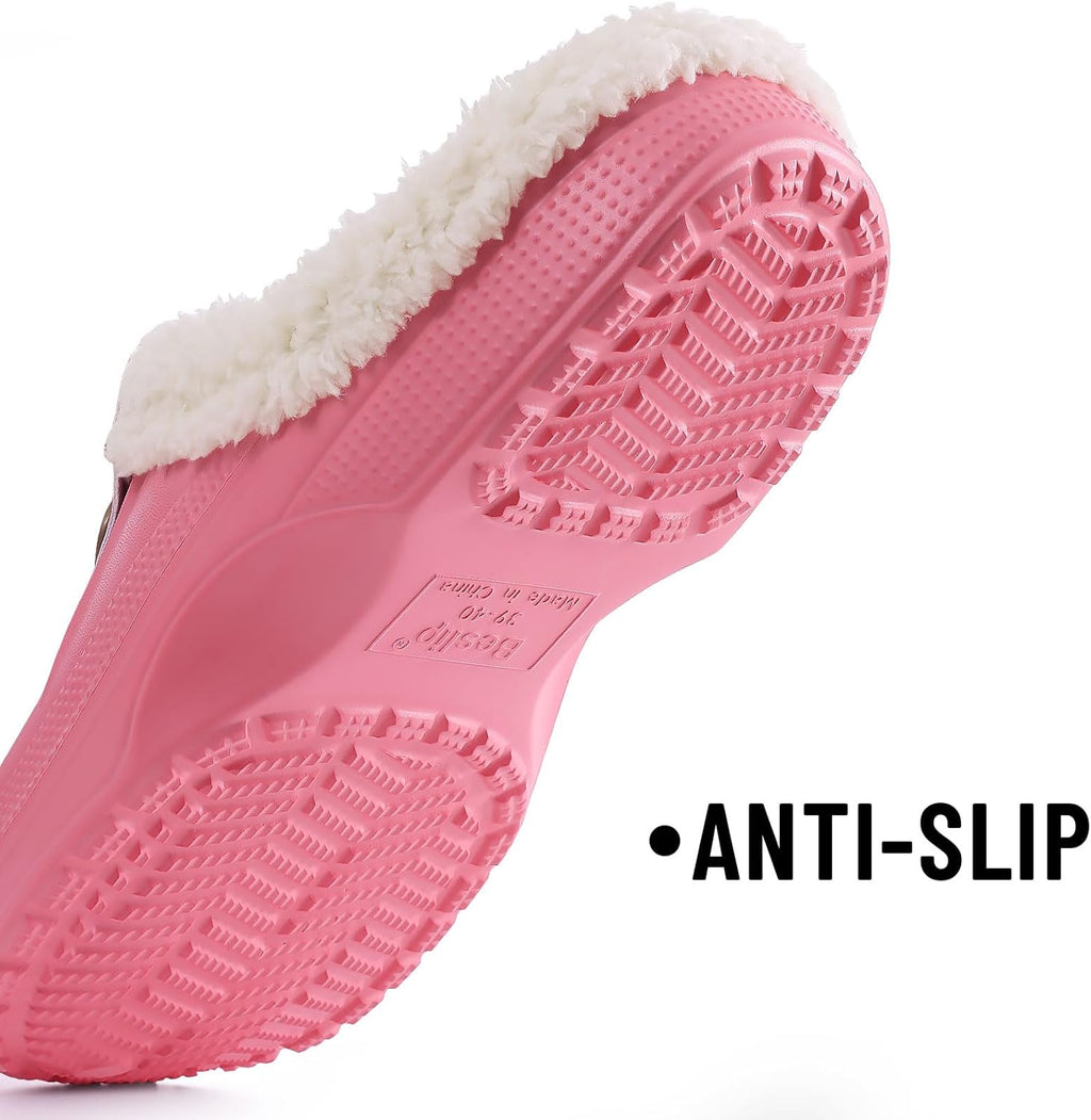 Beslip Classic Fur Lined Clogs Waterproof Winter Fuzzy Slippers for Women Men Indoor and Outdoor