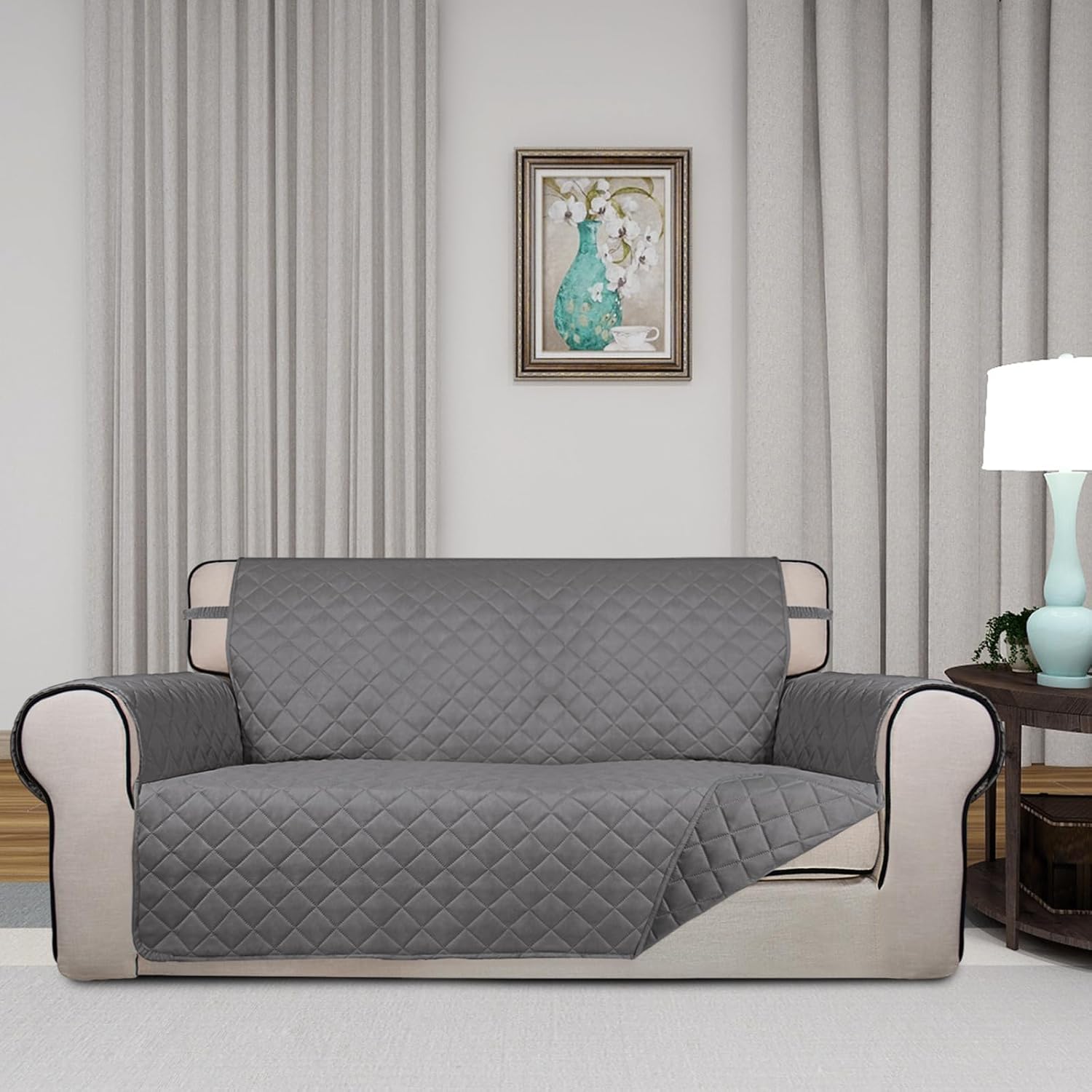 PureFit Reversible Quilted Sofa Cover, Water Resistant Slipcover Furniture Protector, Washable Couch Cover with Non Slip and Elastic Straps for Kids, Dogs, Pets (Oversized Loveseat, Gray/Gray)