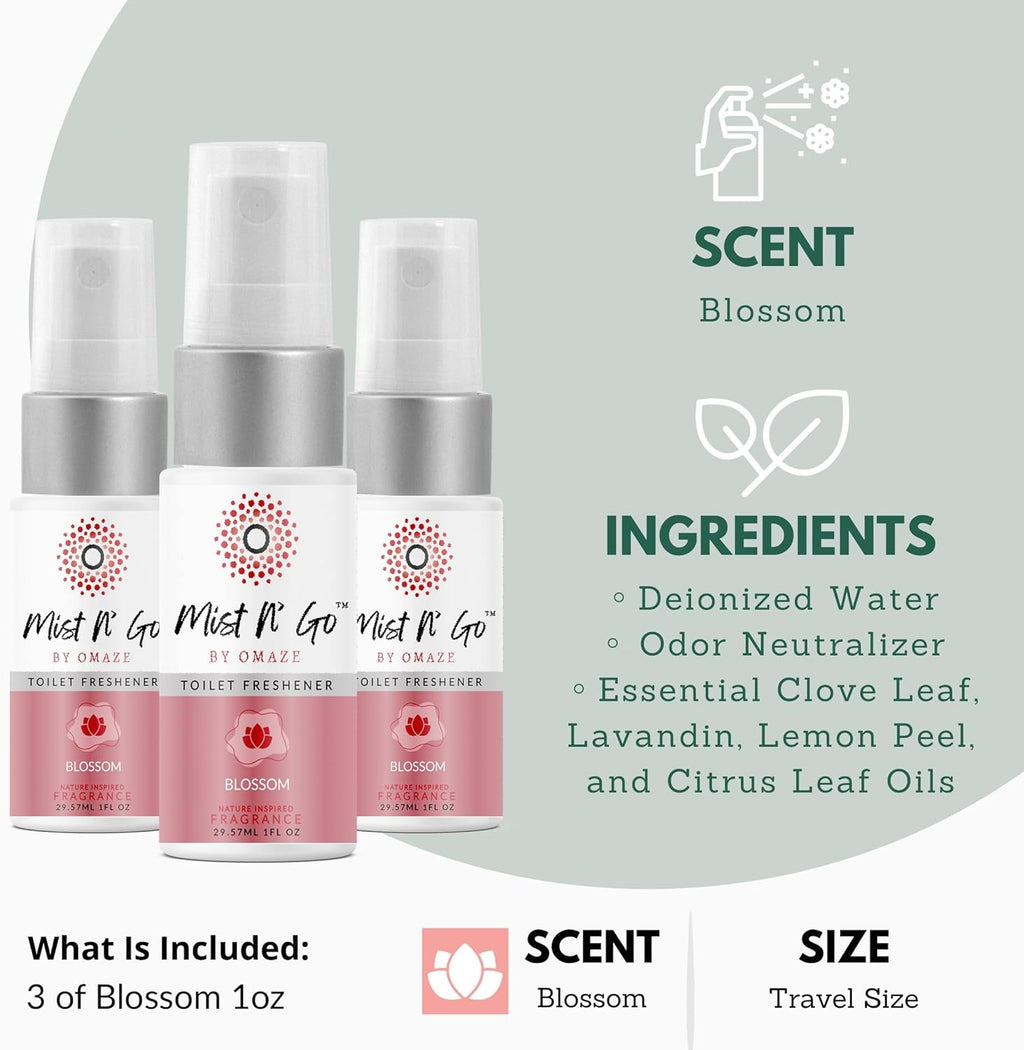 Mist N’ Go by Omaze Travel Bathroom Spray for Toilet Spray Odor Eliminator - Travel Toilet Spray for Bathroom Air Freshener Spray for Bathroom Deodorizer - Blossom Travel Size (1oz x3)