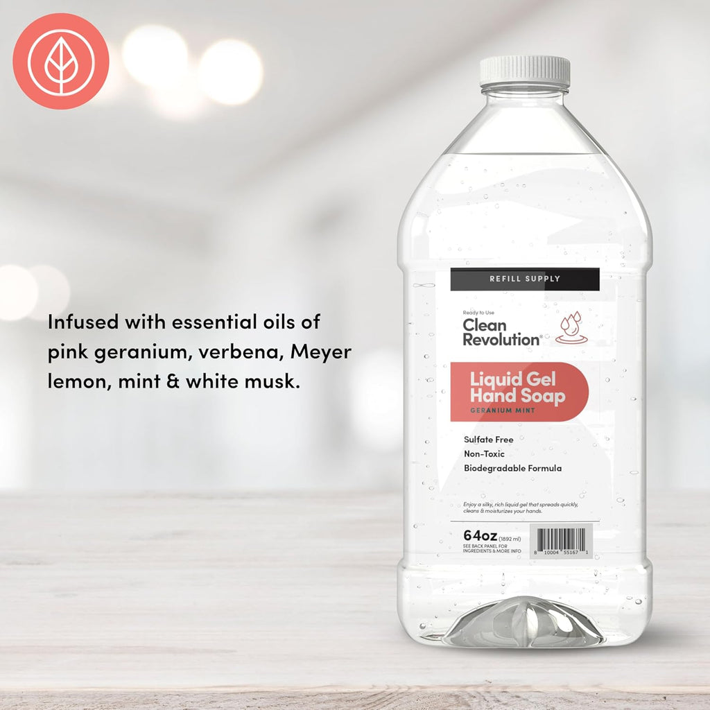 Clean Revolution Liquid Gel Hand Soap, Silky Rich Liquid, Quick Lather, Fast Rinsing, Contains Real Essential Oils (Geranium Mint) 64 Fl Oz