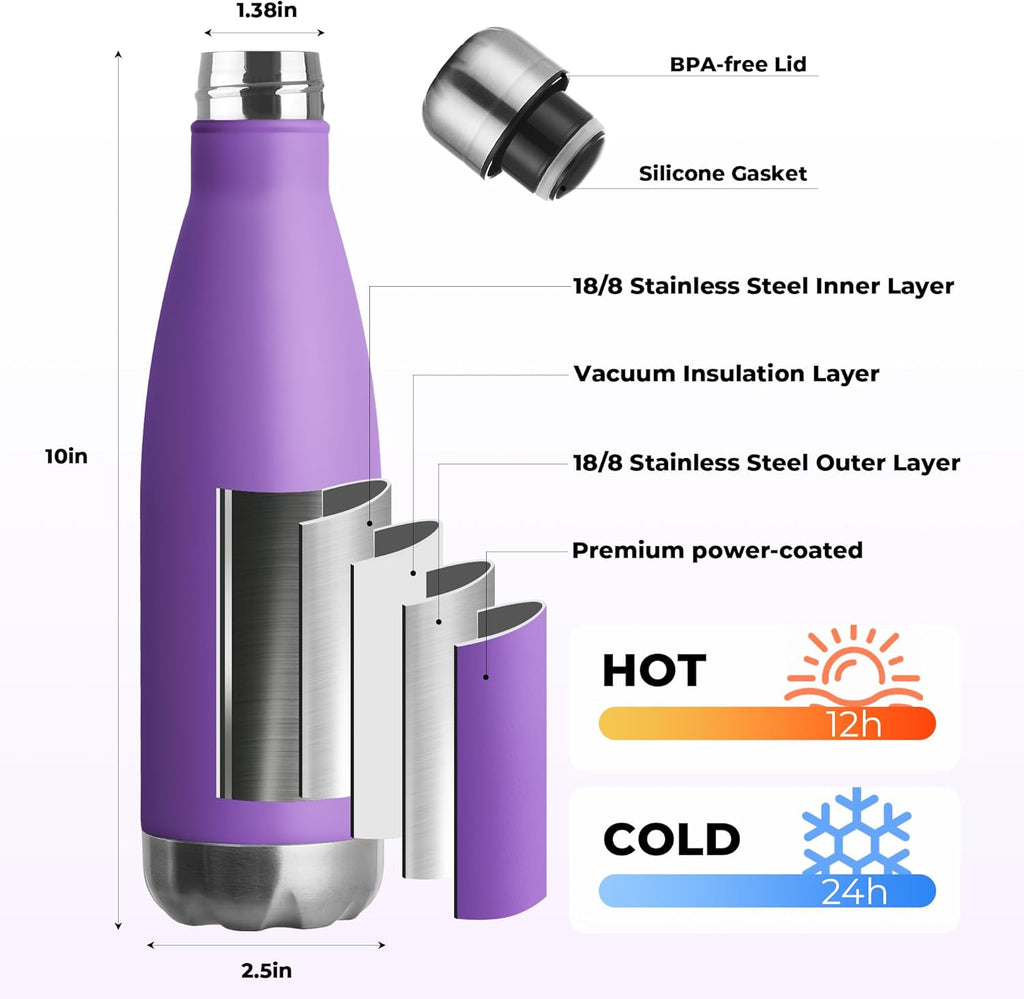 MEWAY 17oz Sport Water Bottle 4 Pack Vacuum Insulated Stainless Steel Leak-Proof Double Wall Cola Shape Water Bottle (Purple/Light Blue/Navy/Rose Gold, 4 Pack)