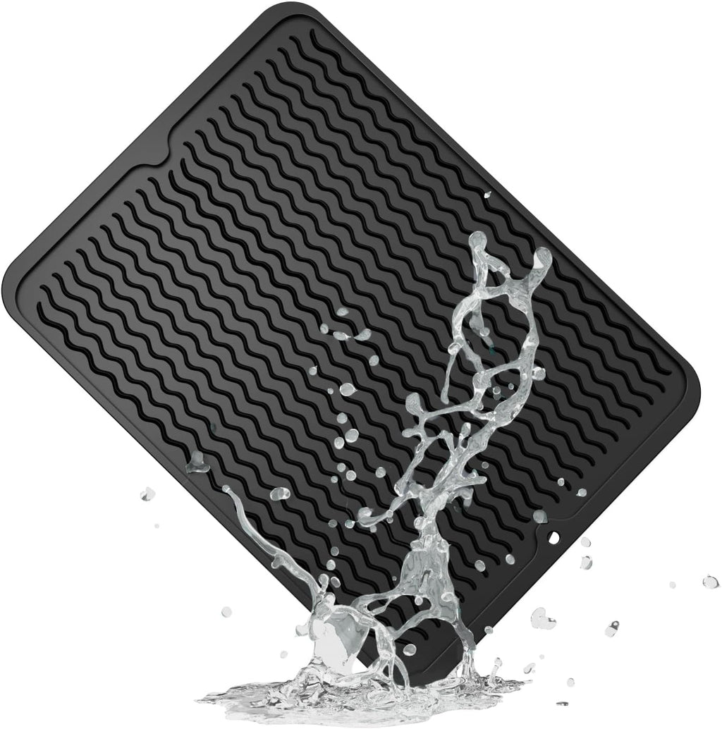 ZLR Silicone Dish Drying Mat for Kitchen Counter, Eco-Friendly Fast Dry Dish Mat, Easy Clean Multi Usage Drying Matt, Heat Resistant Trivet, 12" x 16" Large, Black