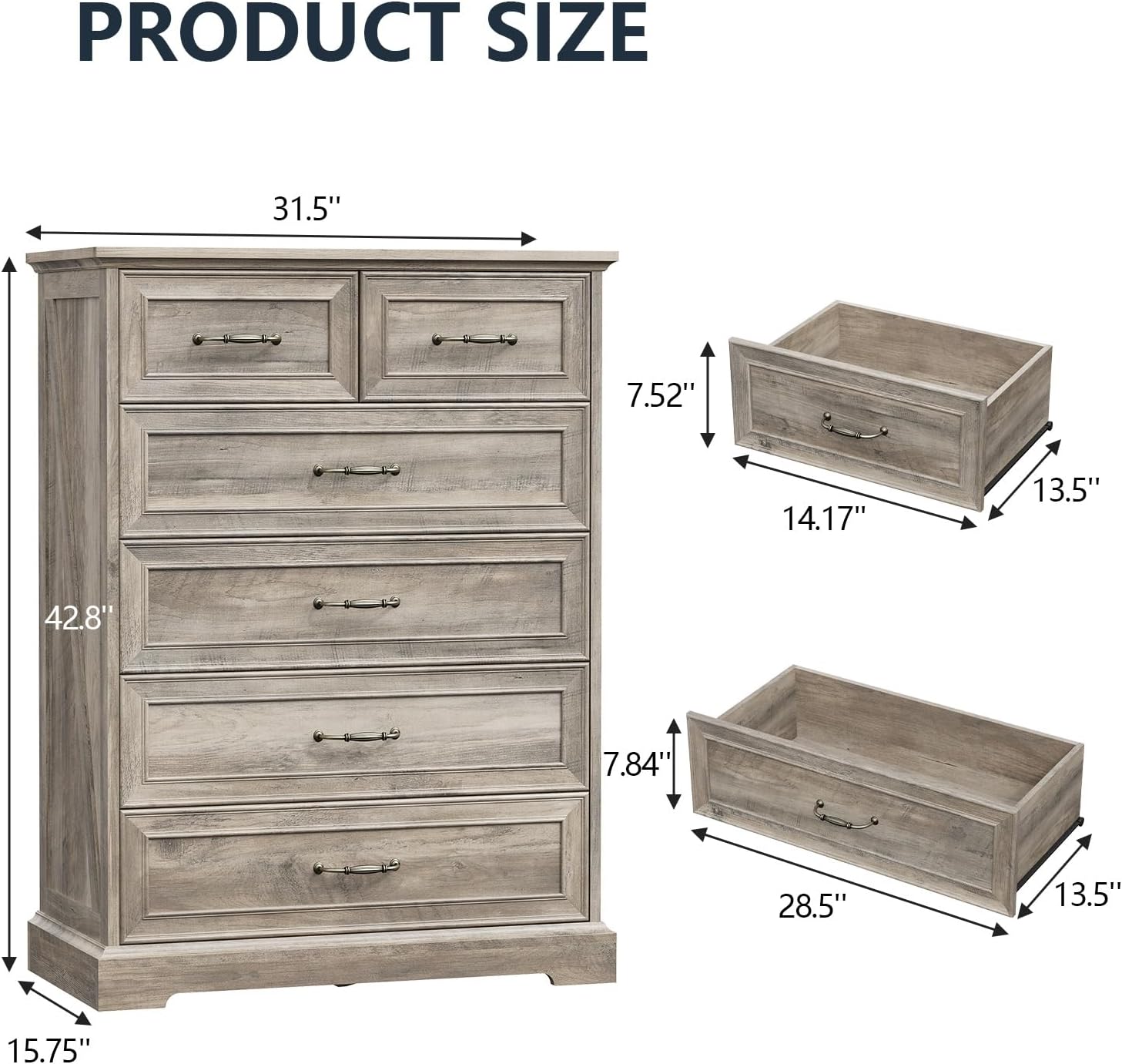 6 Drawer Dresser for Bedroom, 43" Tall Wooden Chest of Drawers, Rustic Farmhouse Dresser with Large Drawers & Metal Handles, Modern Storage Organizer for Closet, Living Room, Hallway, Grey