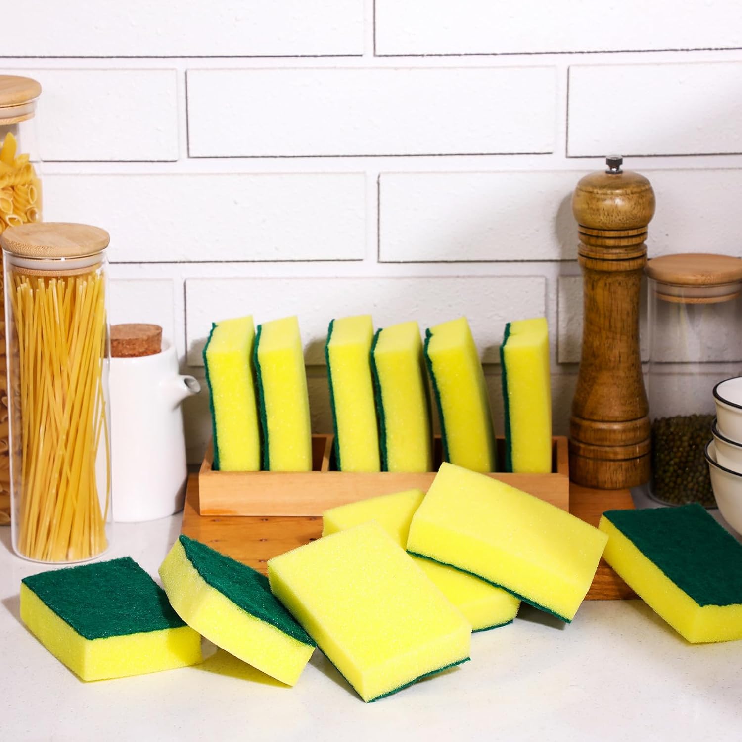 Tanlade 600 Pcs Individually Wrapped Dishwashing Sponge Bulk Non Scratch Scrub Sponges Kitchen Scouring Pad for Household Cleaning Rental Dishes Hotel Apartment Car (Yellow, Green)