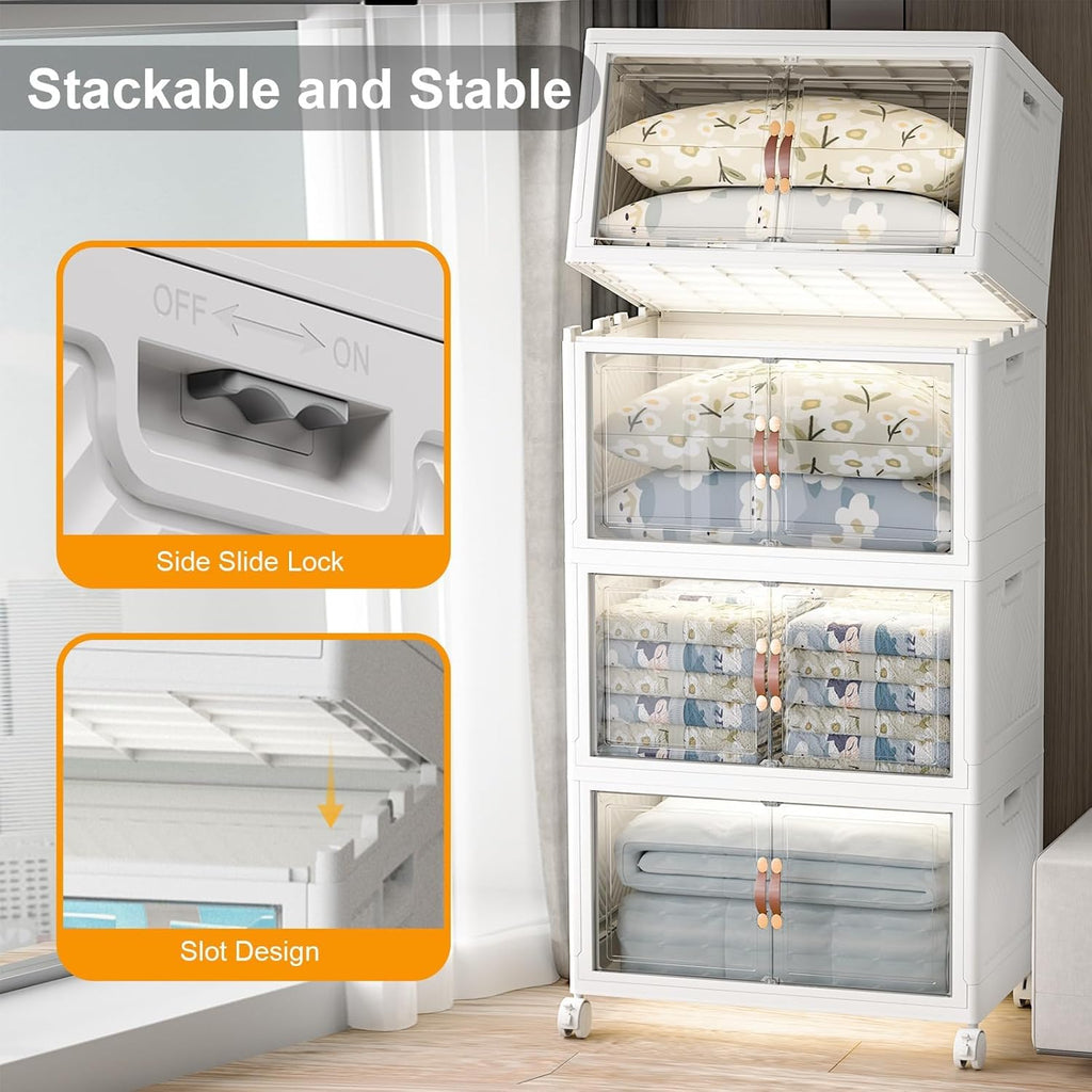 Extra Large Stackable Storage Bins with Lids & Wheels & Door, 1280QT-160QT/40GAL*8Pack Foldable Collapsible Closet Organizers, Plastic containers drawers for bedroom Dorm